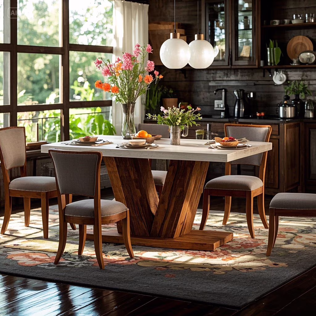 47" Farmhouse Wooden Dining Table with Heavy-Duty Pedestal, Rustic Kitchen Dinner Table - Seats 4-6, Rectangular Design