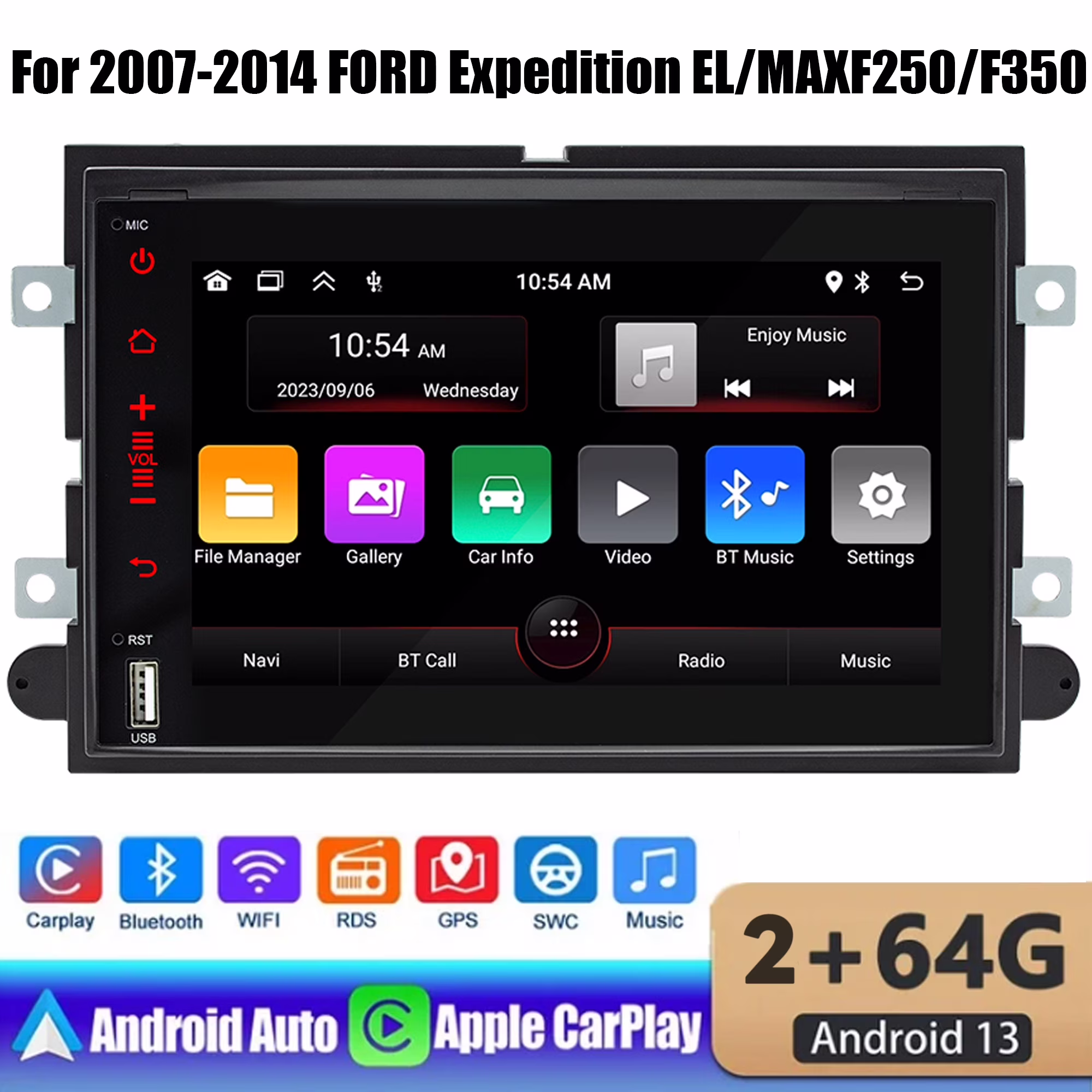 WOLFWO Car Radio Stereo For 2007-2014 Ford Expedition EL/MAXF250/F350, Android 13 Apple Carplay Navi GPS Player 2GB+64G