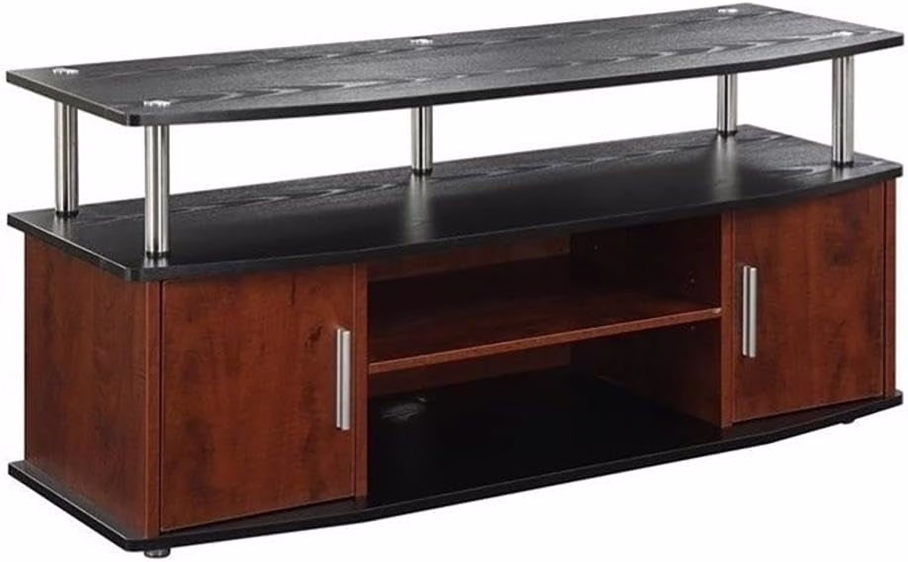 Pemberly Row Easy Assembly 47" TV Stand Entertainment Console with 2 Storage Cabinets in Cherry/Black and Stainless Steel Clad Finish