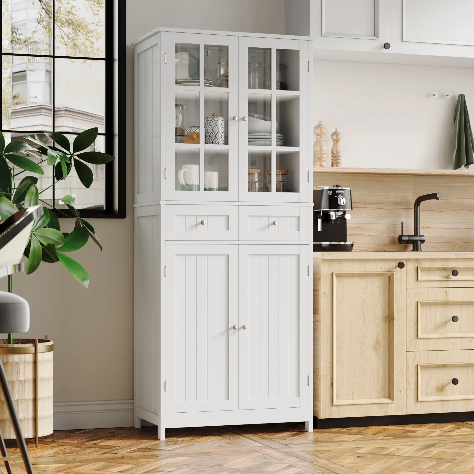 Homfa kitchen Pantry Cabinet with Glass Doors, 71'' Tall Storage Cabinet for Dining Room Living Room, White