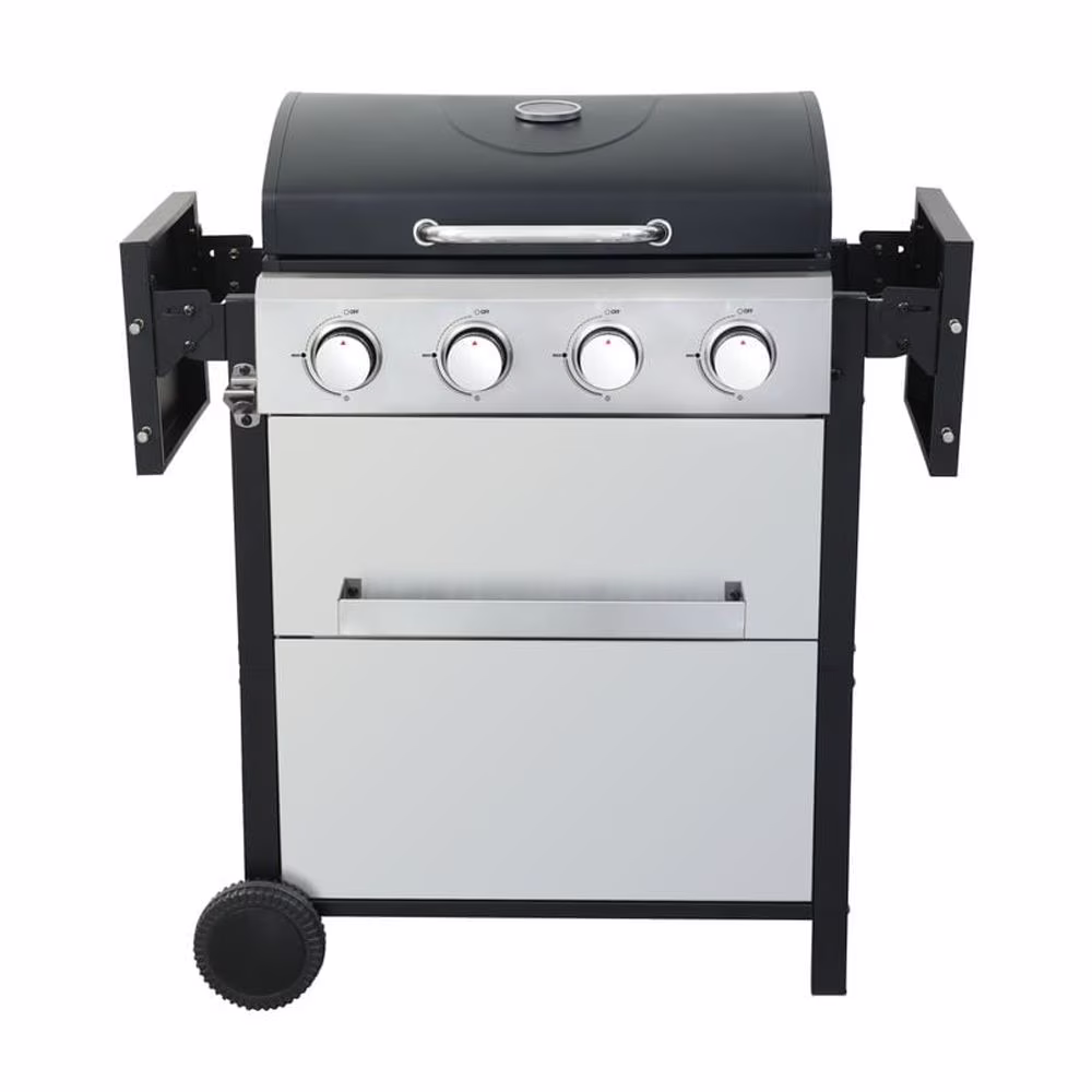 Spaco 4-Burner Propane Gas BBQ Grill, 34200BTU Output with Wire Enamel Cooking Grids, Foldable Side Table, Hanging Basket, Stainless Steel Grill for Outdoor Barbecue, Black+Silver