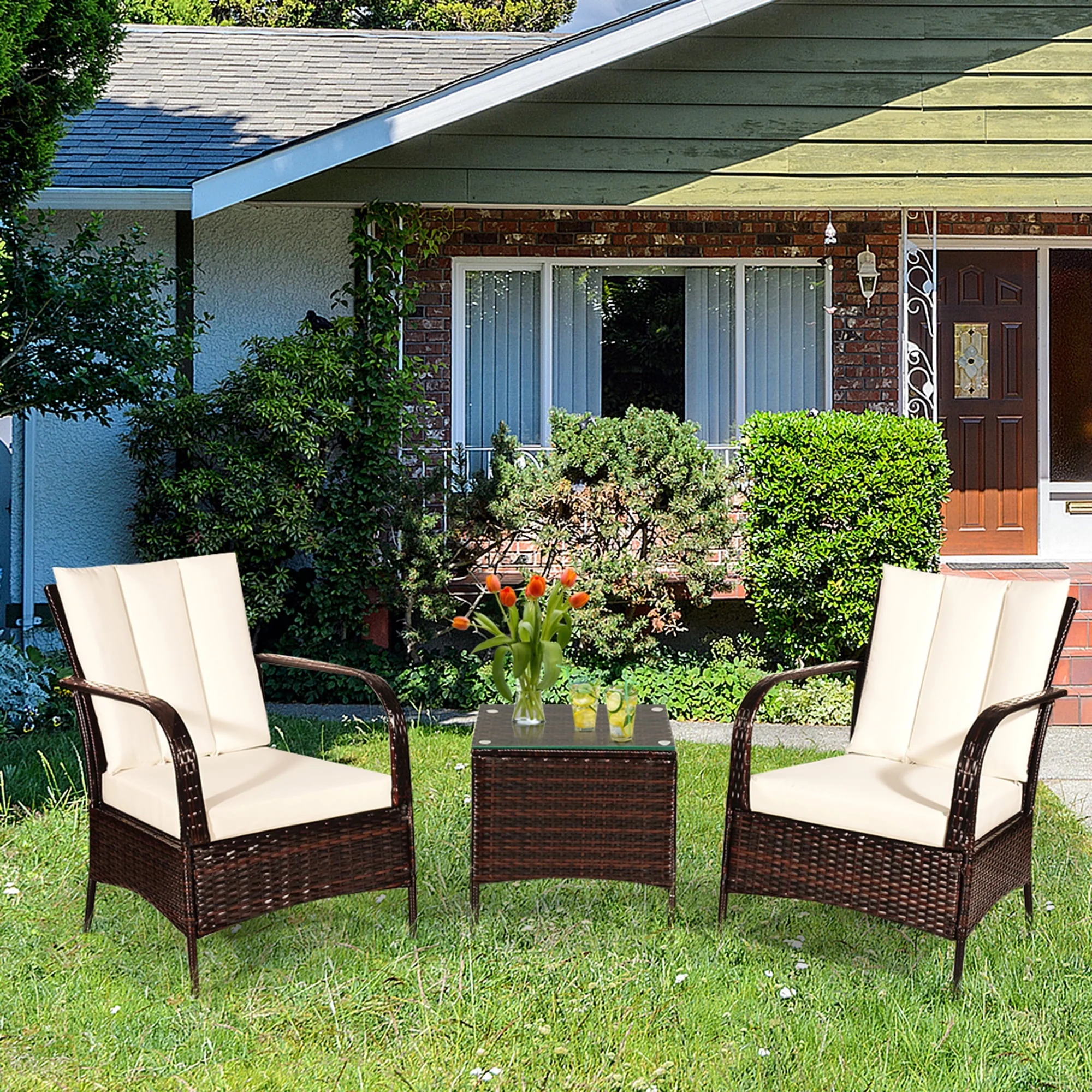 Gymax 3PCS Patio Outdoor Rattan Conversation Set Furniture Set w/ Table Cushions