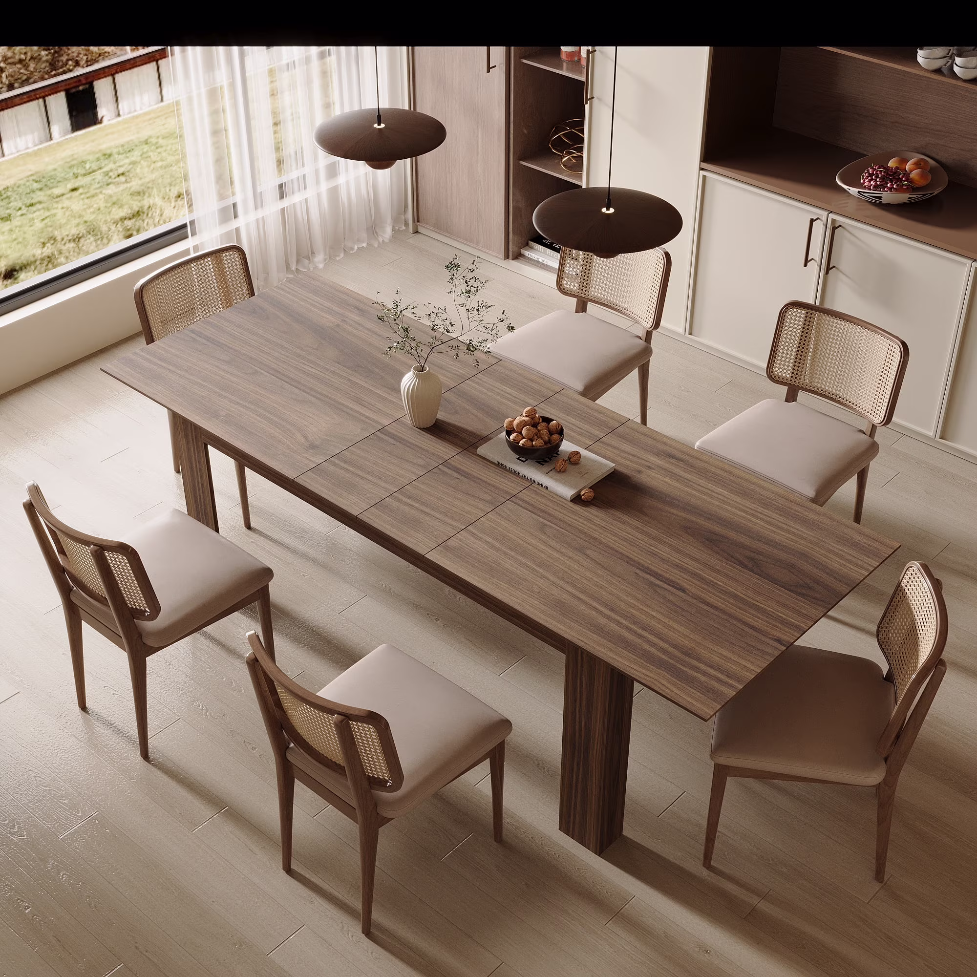 Expandable Dining Table for 6-8 People, Rectangular Wooden Indoor Dinner Tables, Large Kitchen Dining Table for Home