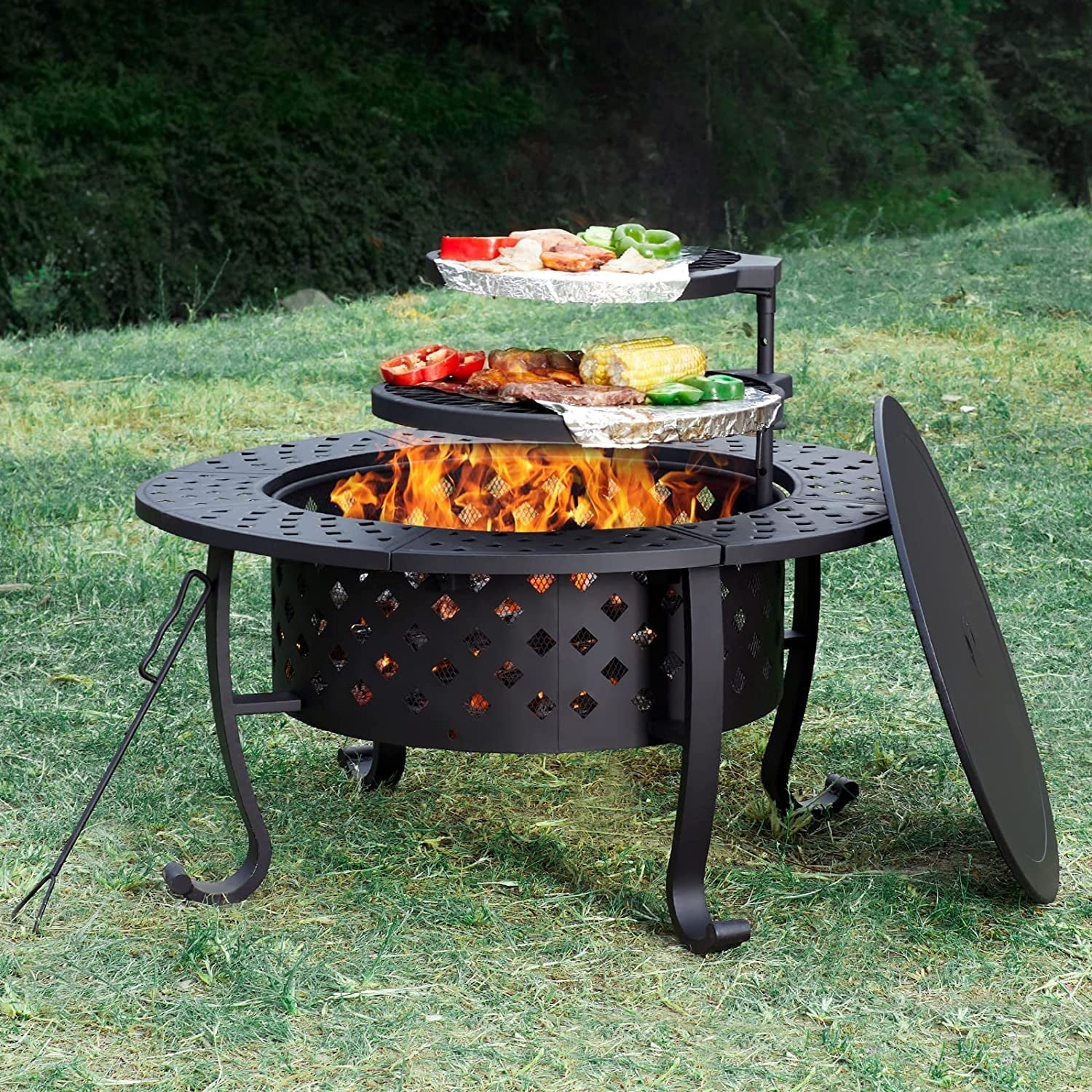 PaPaJet 36 inch Fire Pit with 2 Grill with Lid for Outside, Papajet