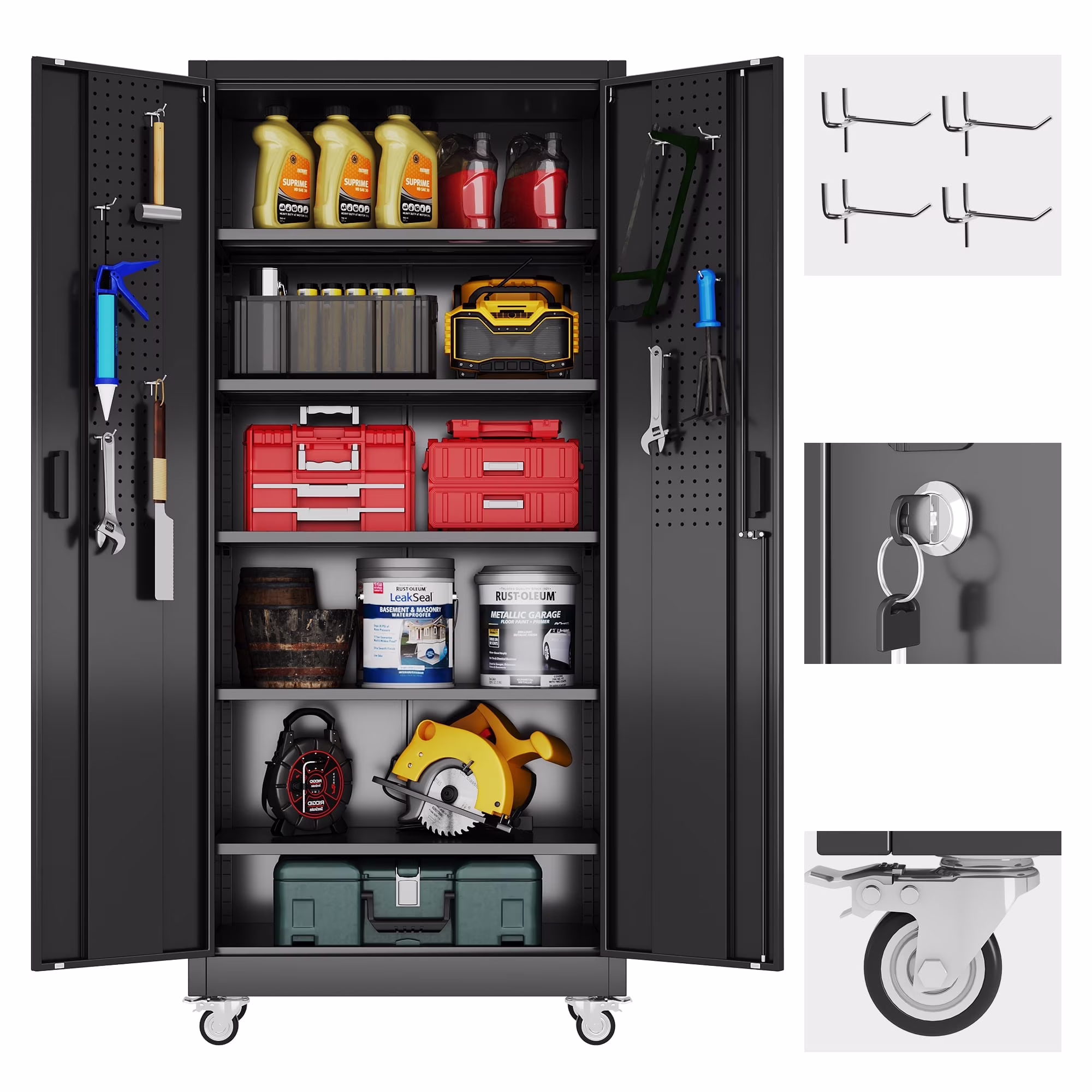 Gaeanet Rolling Tool Storage Cabinet with 5 Adjustable Shelves and Pegboard,Metal Garage Storage Cabinet with Wheels for Garage Home Office Utility Room,71" H��32" W��16" D,Required Assembly, Black