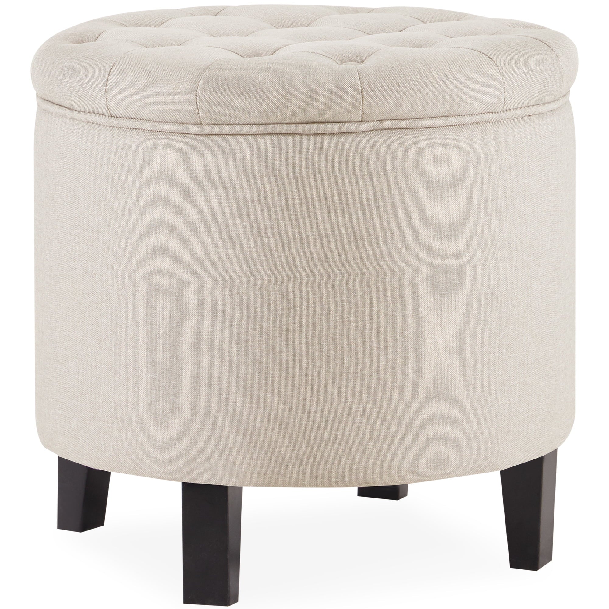 Belleze Modern Button Tufted Accent Storage Ottoman Lift Top 17-3/4" Round, Beige