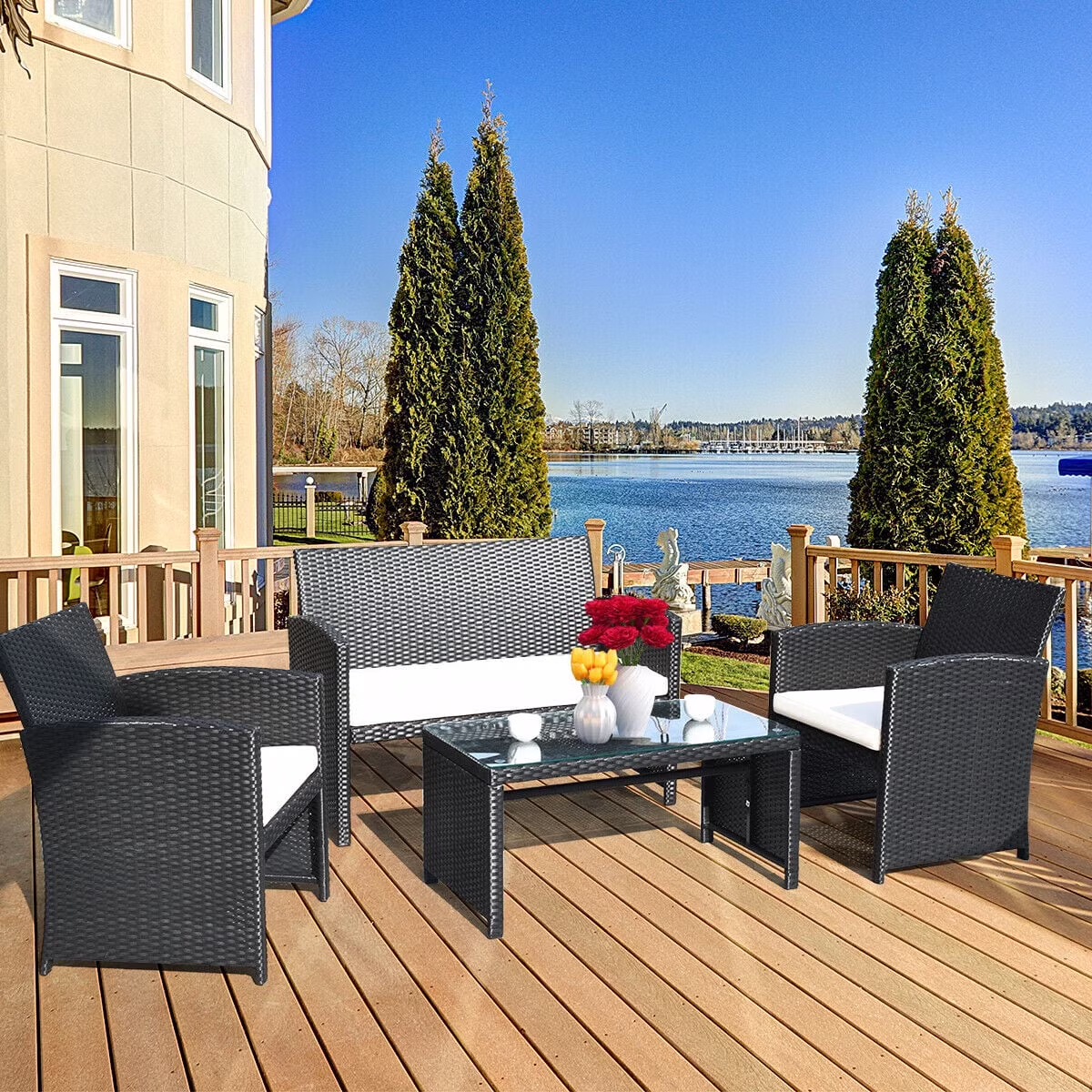 Costway 4-Piece Rattan Outdoor Conversation Set with Sofa and Coffee Table, Black