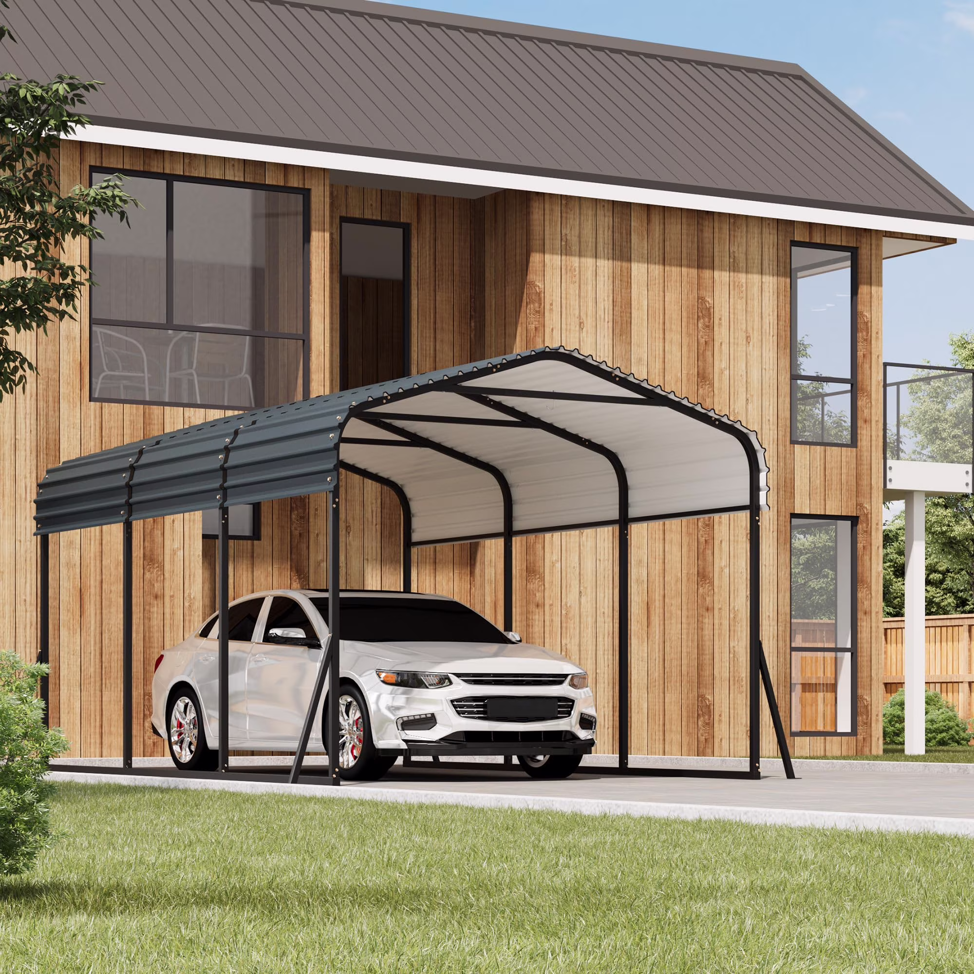Carport 10x15 FT, Heavy Duty Car-Port, Car-Shelter with Metal Roof, Car-Shed with Enhanced Base, Expanding Garage Space for Pickup, Boat and Tractor