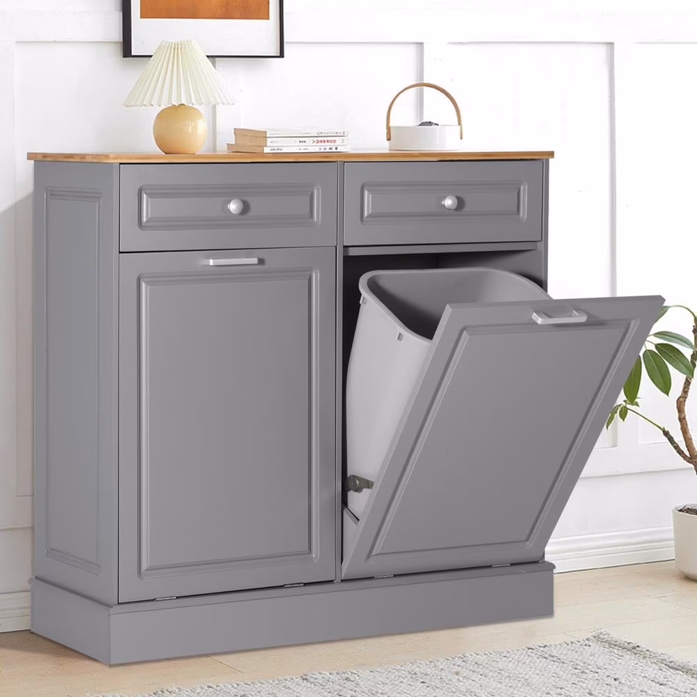 Eclife 20 Gallons Double Tilt Out Trash Cabinet Wood Tabletop, Upgrade Gray, WB010GY