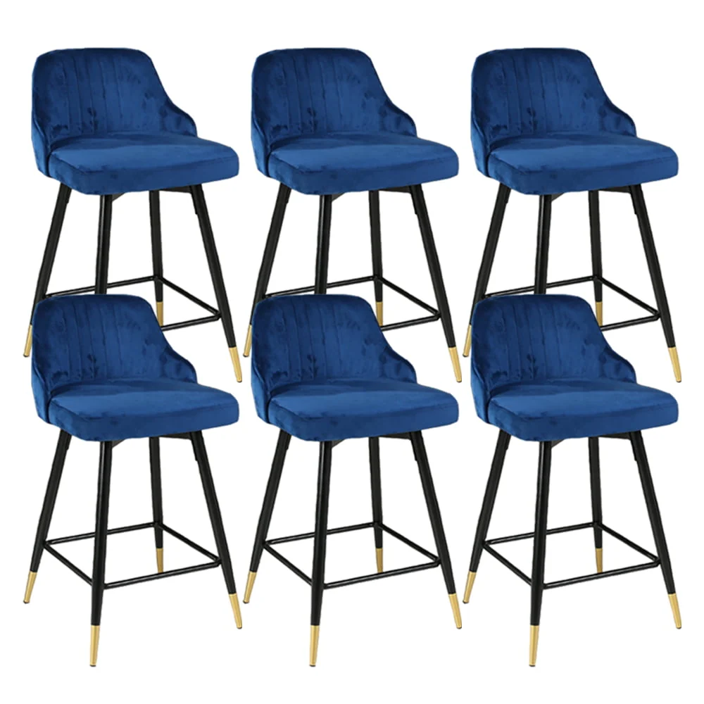 Boowill 25" Swivel Counter Height Bar Stools Set of 6, Blue Velvet Barstools with Low Back and Footrest, Modern Upholstered Island Stools
