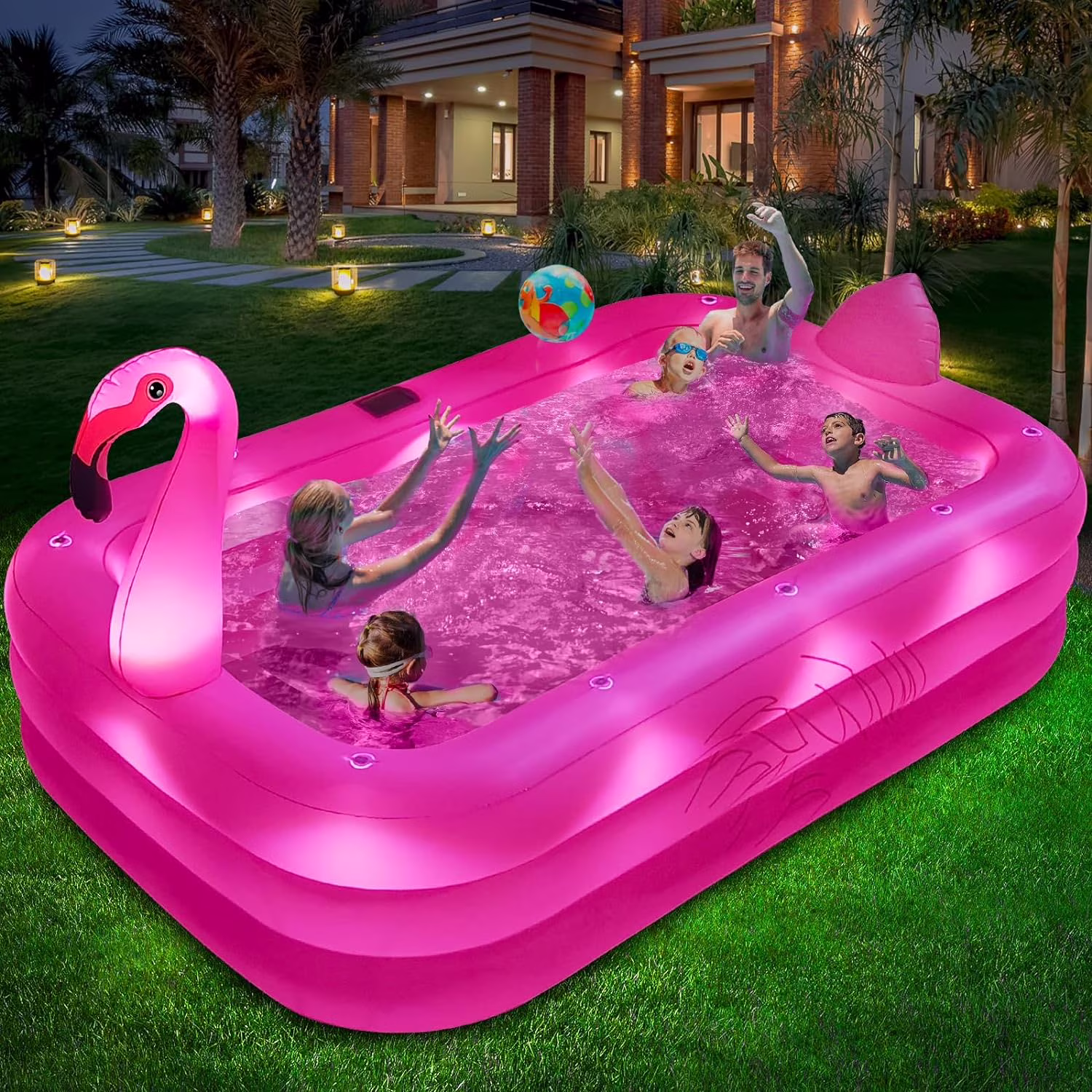 Inflatable Pool with Lights,  Solar Flamingo Swimming Pool for Kids,Adults Inflatable Blow up Pool, Large Kiddie Pool, Durable Thickened Inflatable Family Pool for Backyard,Outdoor,105"x65"x25"