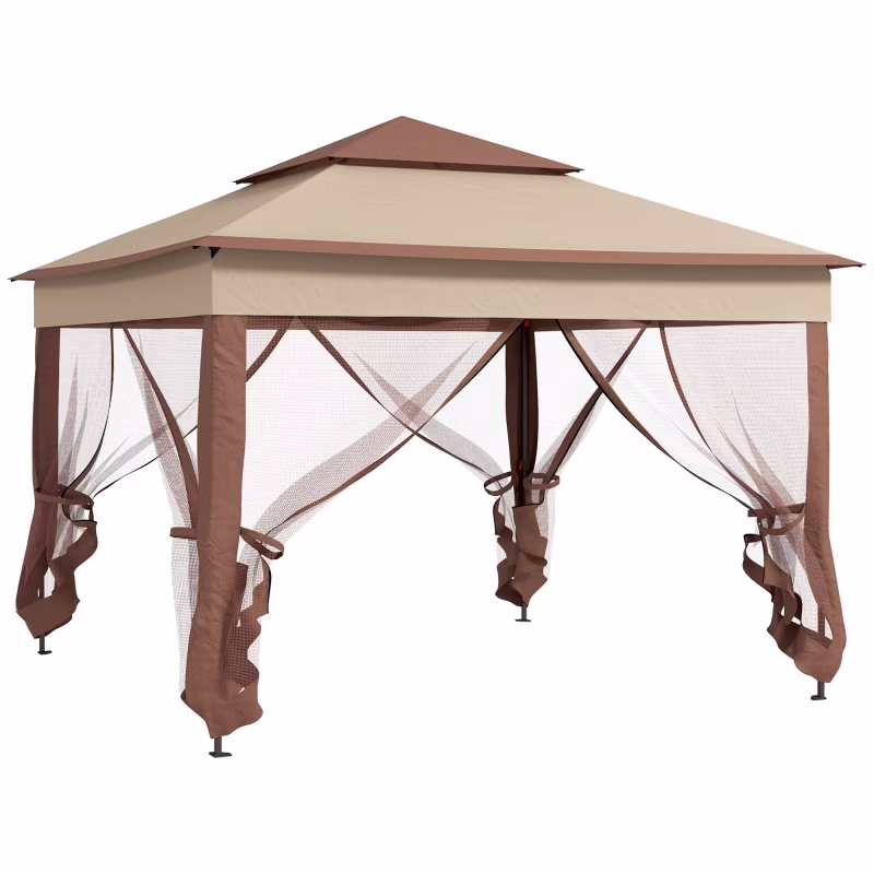 Outsunny 11' x 11' Pop Up Canopy, Outdoor Patio Gazebo Shelter with Removable Zipper Netting, Instant Event Tent w/ 114 Square Feet of Shade and Carry Bag for Backyard, Garden, Khaki On-Site