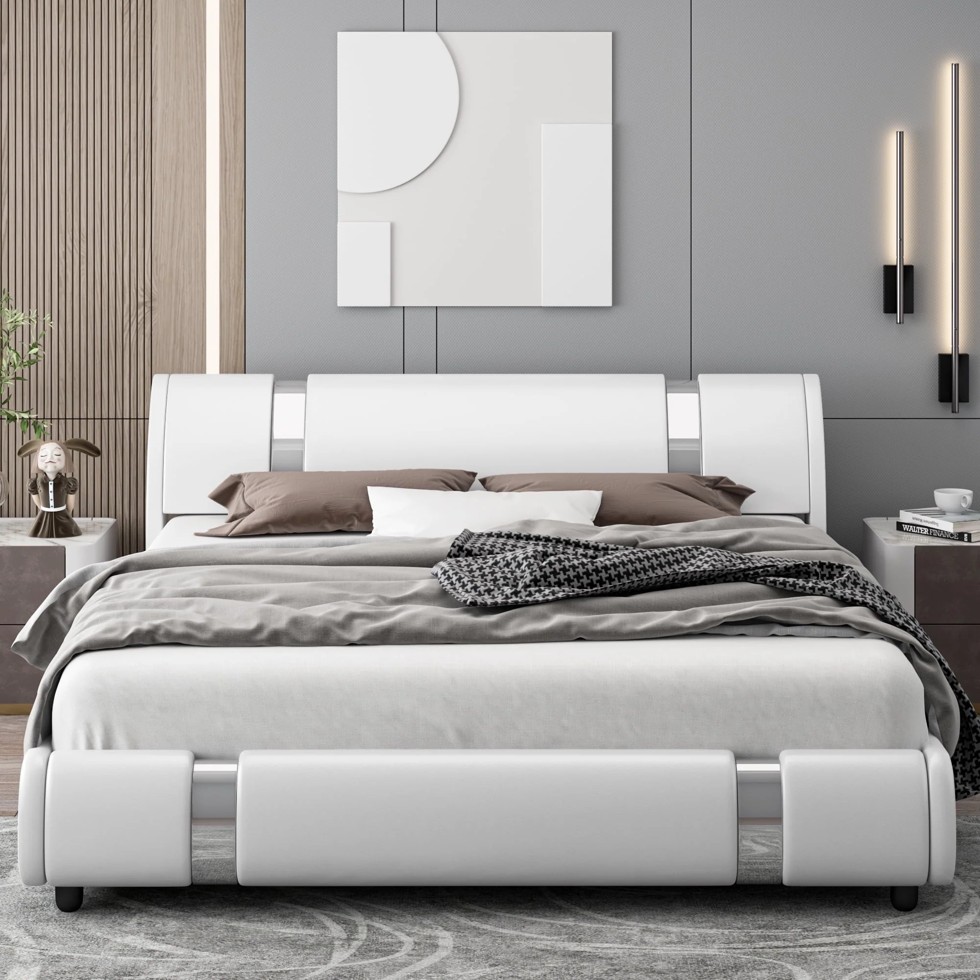 Homfa Full Size Bed Frame, Modern Leather Upholstered Platform Bed Frame with Adjustable Headboard, White