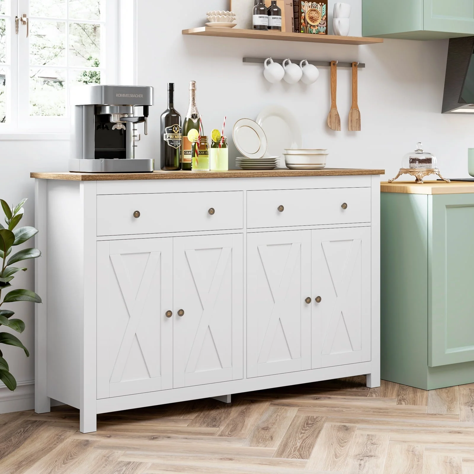 Homfa 4-Doors 2-Drawers Farmhouse Storage Cabinet, Wood Sideboard with Adjustable Shelves, White