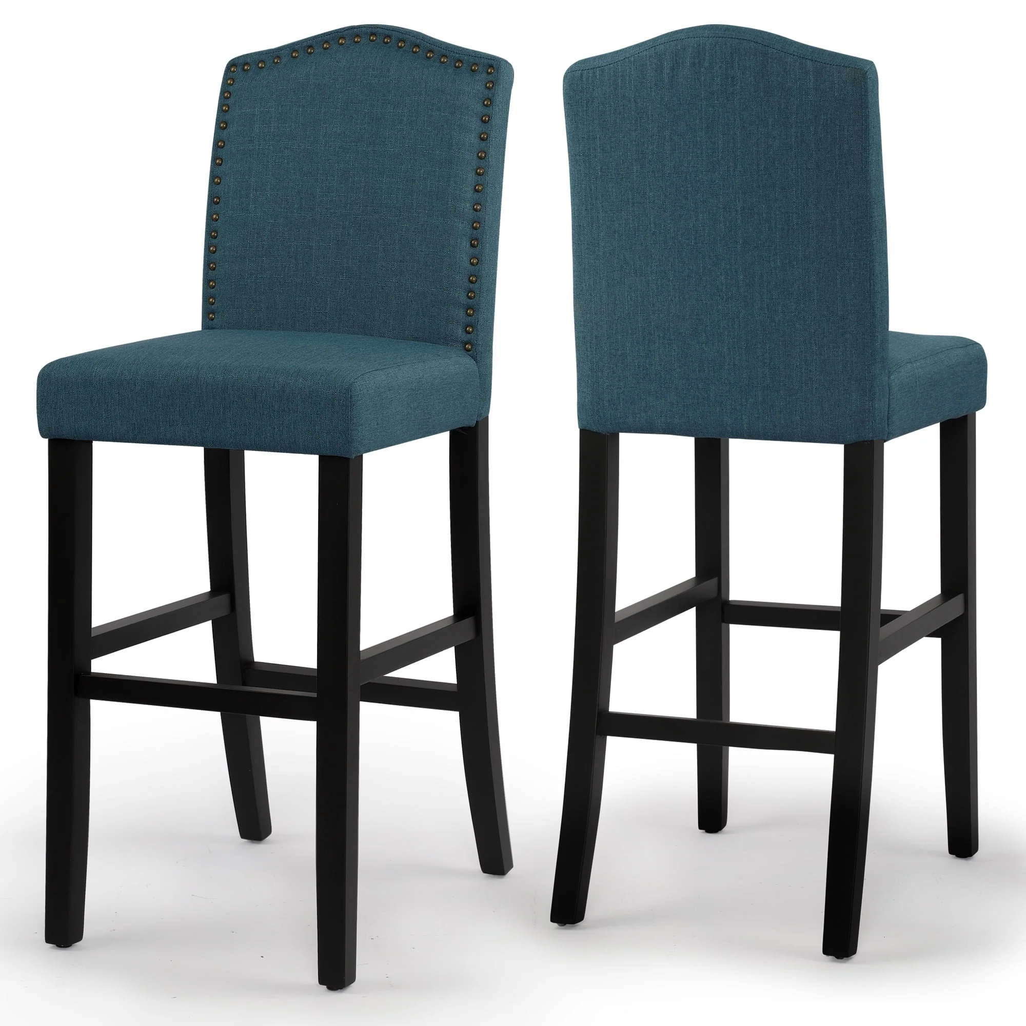 Full Back Fabric Upholstered Blue Bar Stool with Nailhead Trim, Set of 2