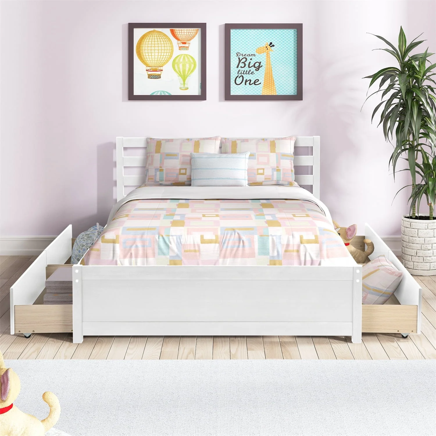 Full Size Platform Bed with 4 Storage Drawers, Solid Wood Bed Frame with Headboard and Slat Support, Storage Bed Frame for Kids Adults Bedroom, Easy Assembly, White
