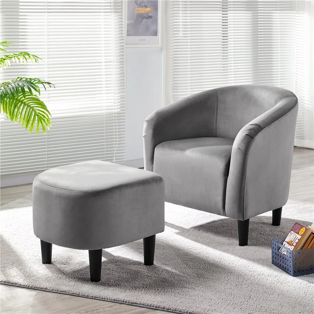 Topeakmart Velvet Accent Arm Chair and Ottoman Set, Gray