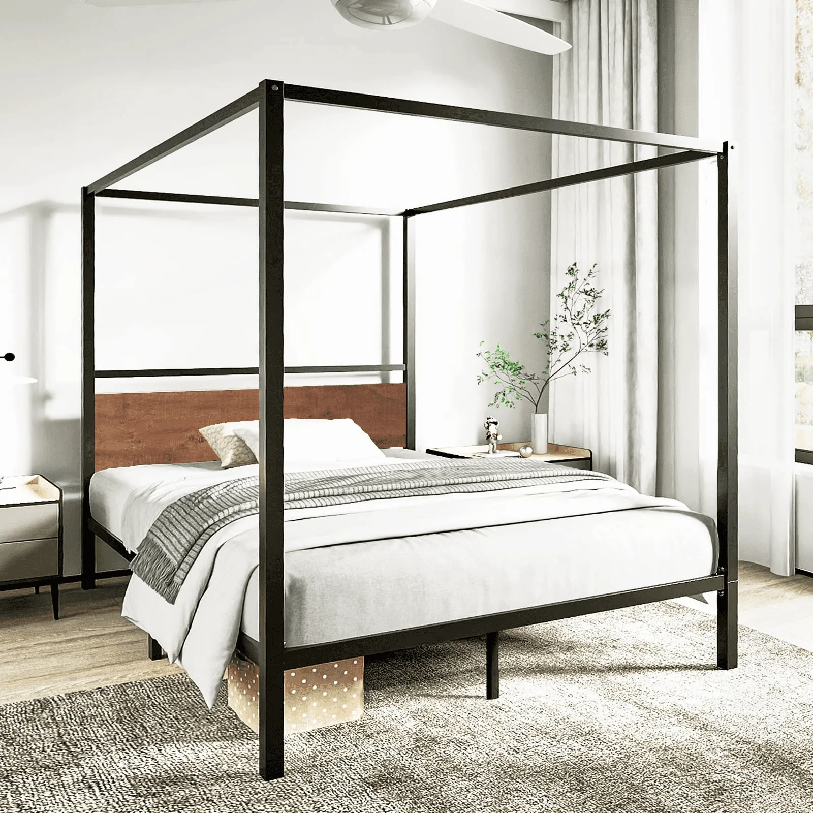 Einfach Full Size Canopy Bed Frame with Fixed Sanders Brown Headboard, 4 Sturdy Posters