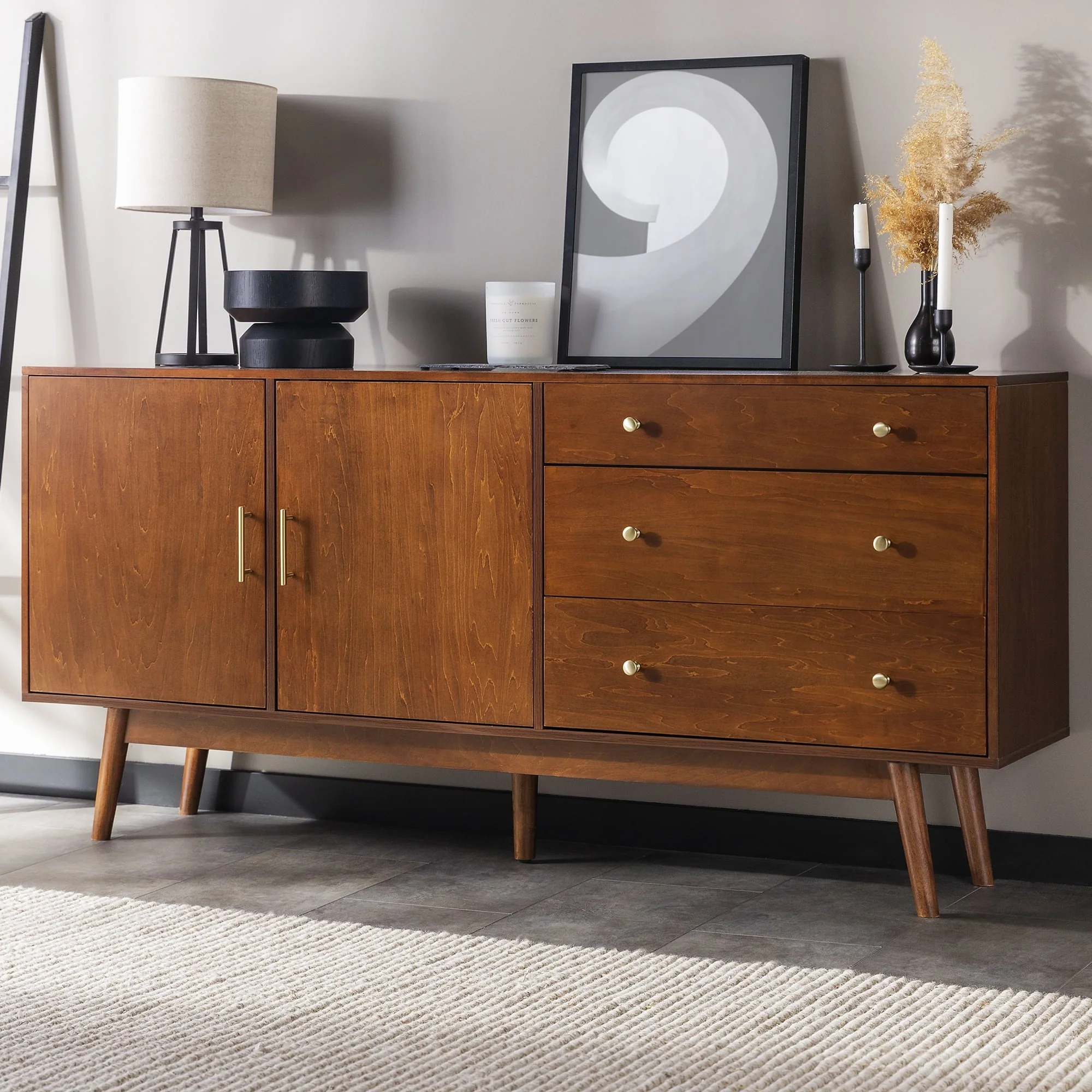 Mid Century 69.25" Modern 3-Drawer and 2-Door Walnut Sideboard by Manor Park