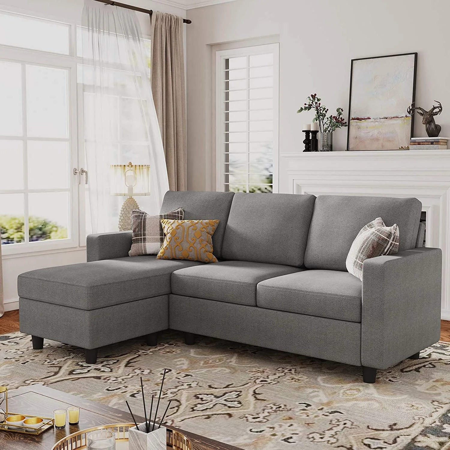 HONBAY Dryades L-Shaped Sectional Sofa, Gray Fabric
