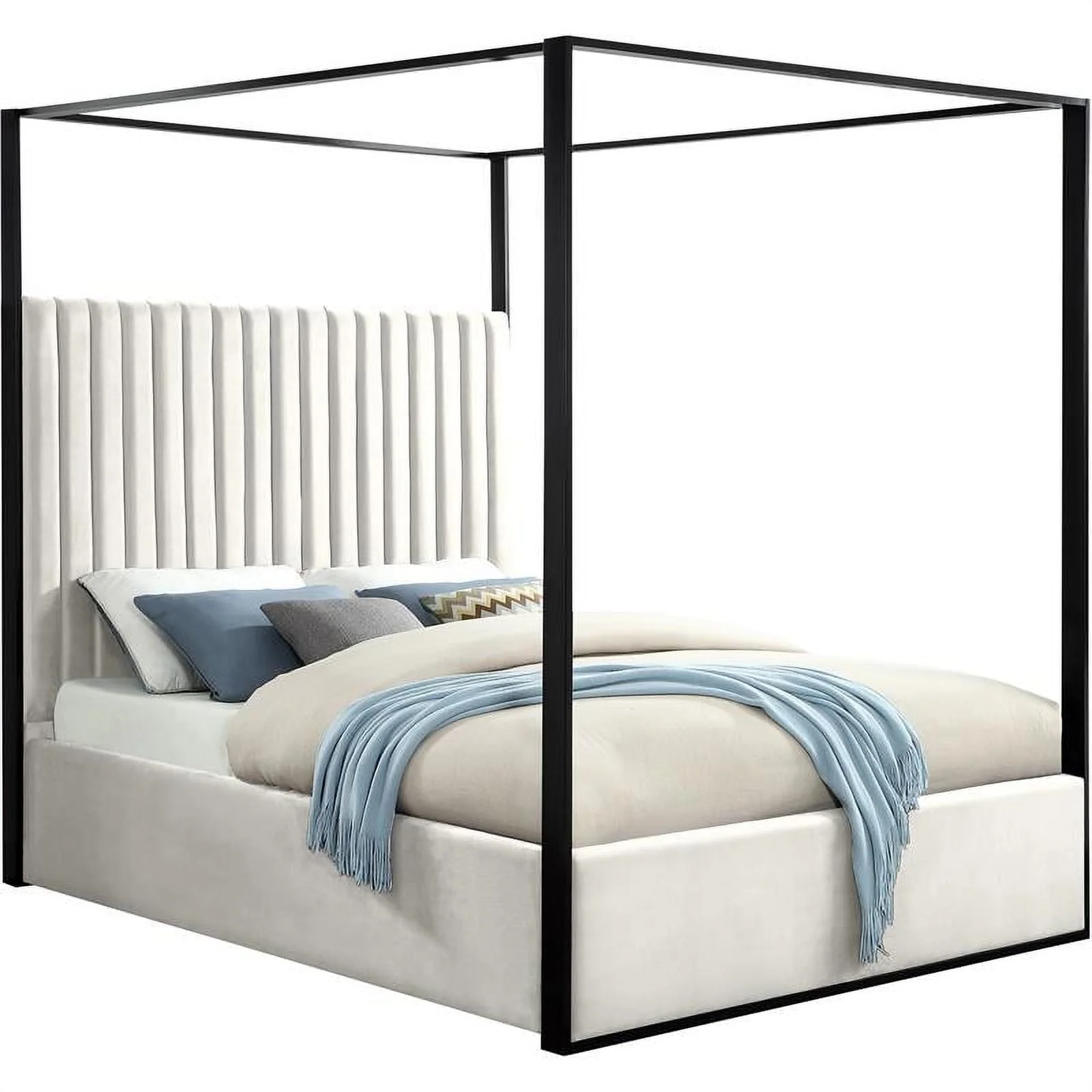 Meridian Furniture Jax Solid Wood and Velvet Queen Bed in Cream