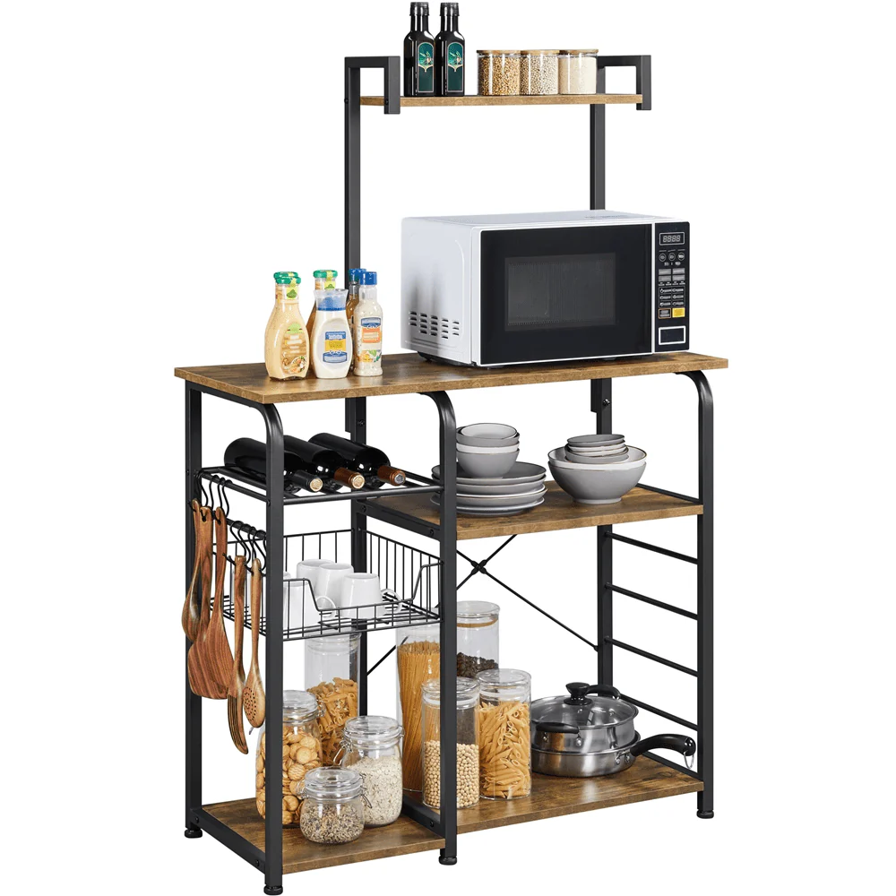 Alden Design 35.5" Kitchen Storage Shelf Baker's Rack with 10 Hooks, Rustic Brown