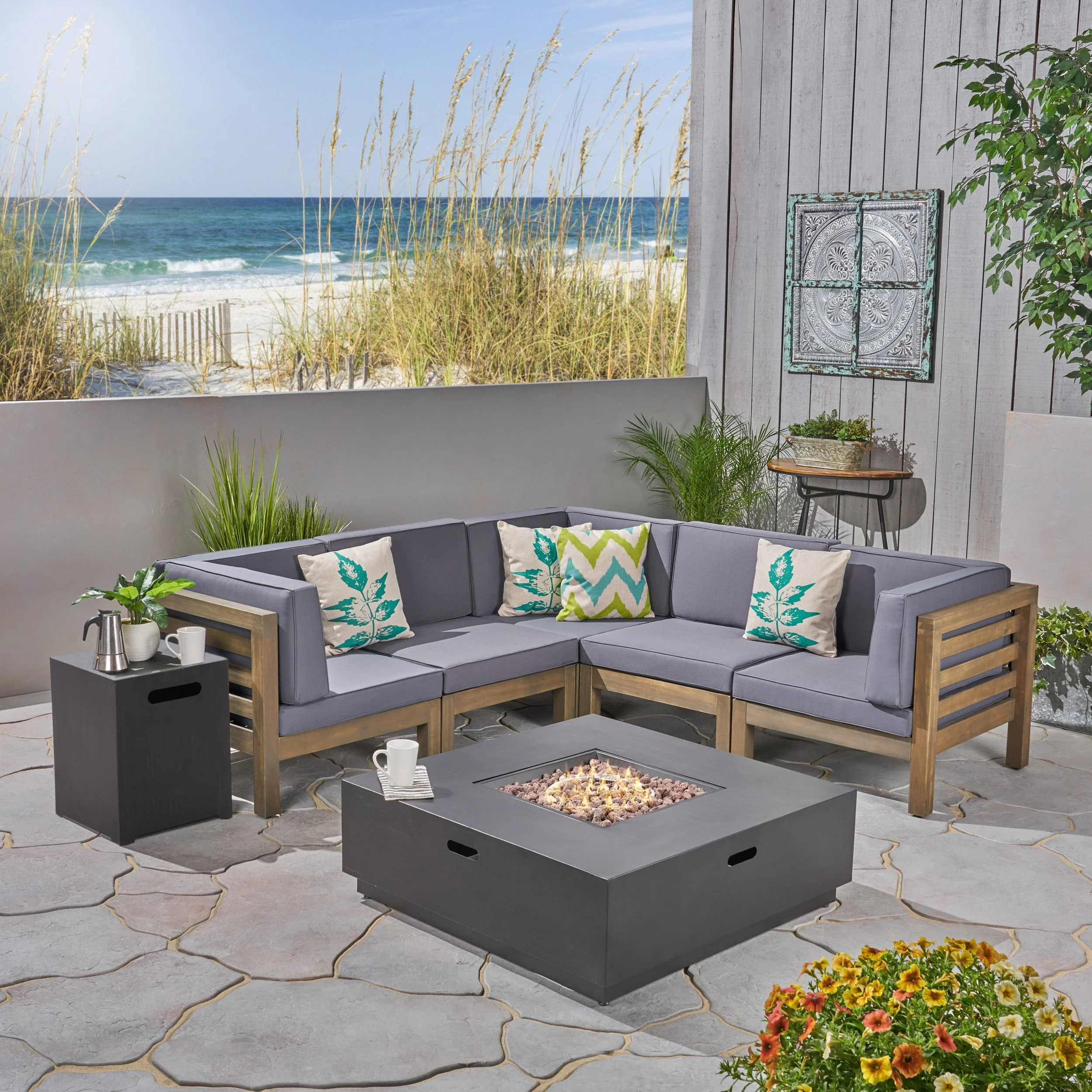 Leyla Outdoor 7 Piece Acacia Wood V-Shaped Sectional Sofa Set with Cushions and Fire Pit, Gray, Dark Gray, Dark Gray