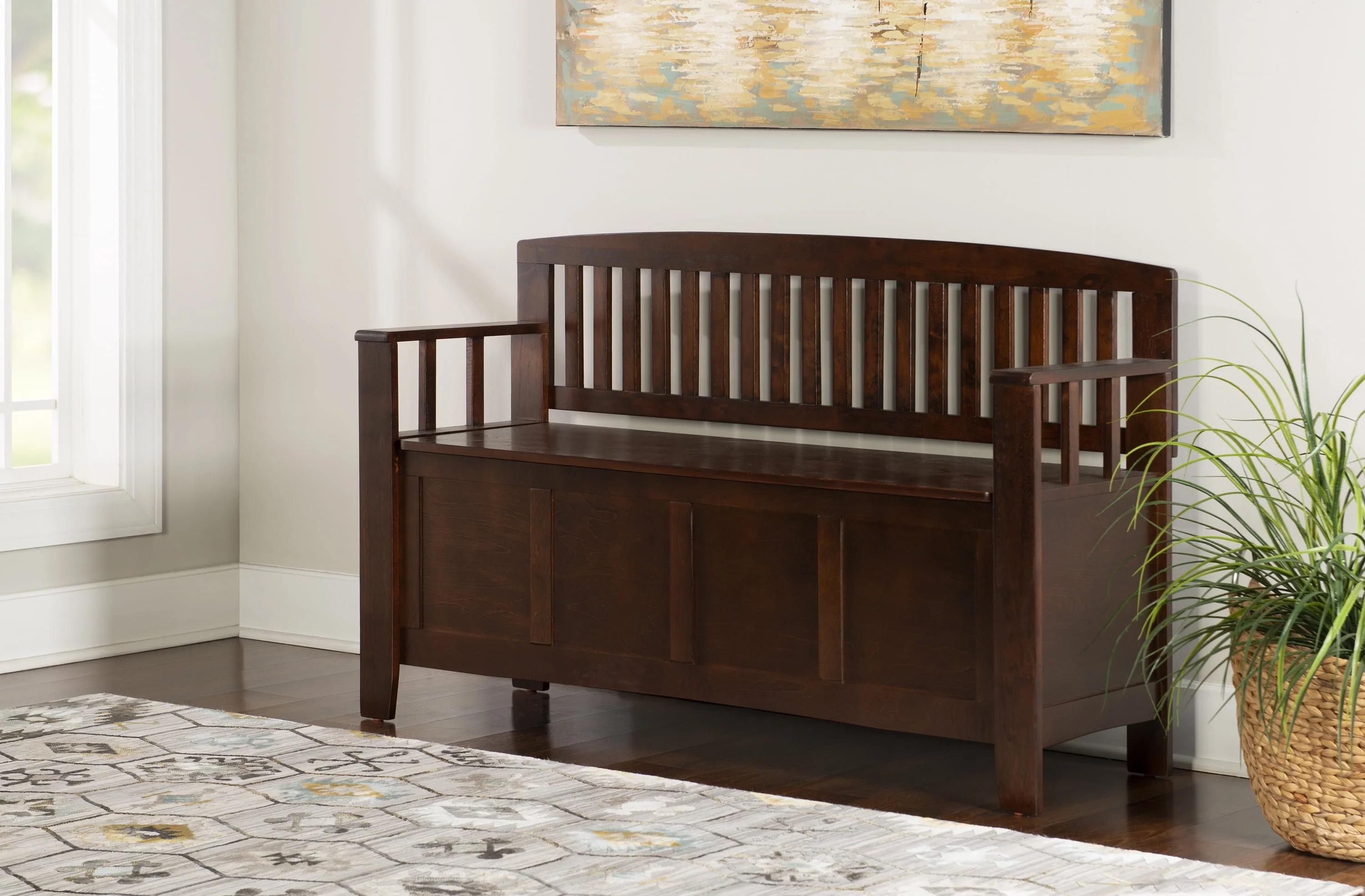 Linon 50" Cynthia Slat Back Walnut Storage Bench with Armrests