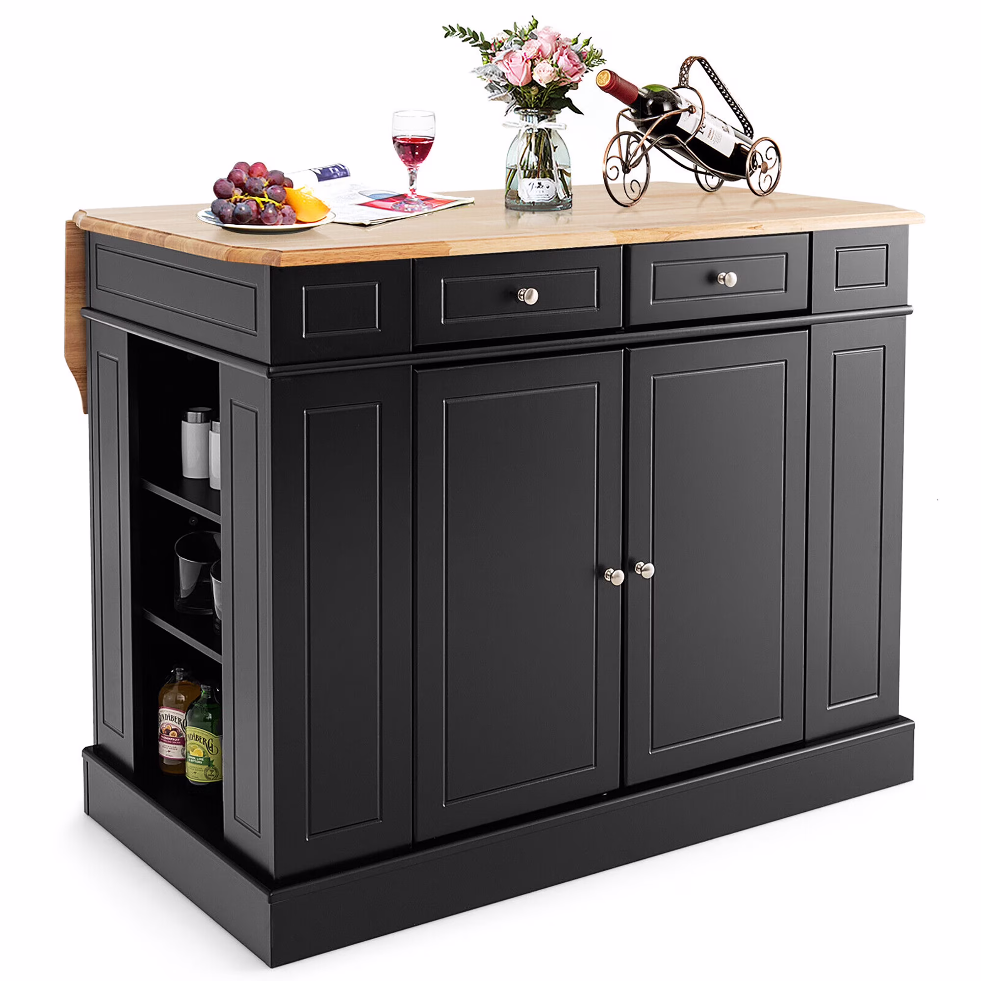 Gymax Large Kitchen Island Drop Leaf Breakfast Bar w/ Wood Top Shelves Drawers Black