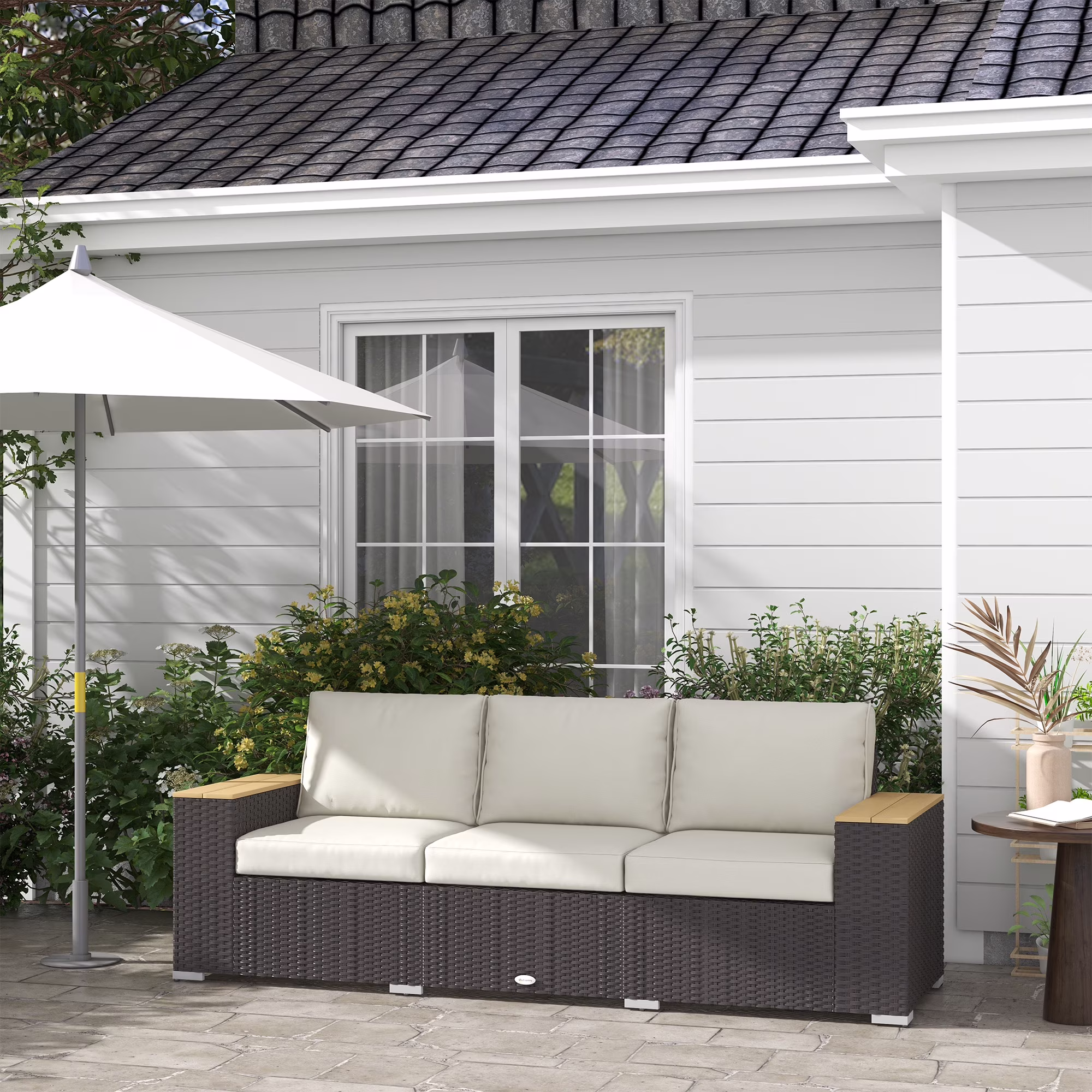 Outsunny Thick Cushioned 3-Seater Outdoor Sofa, Wood Grain Wide Armrests, Patio Couch, Beige