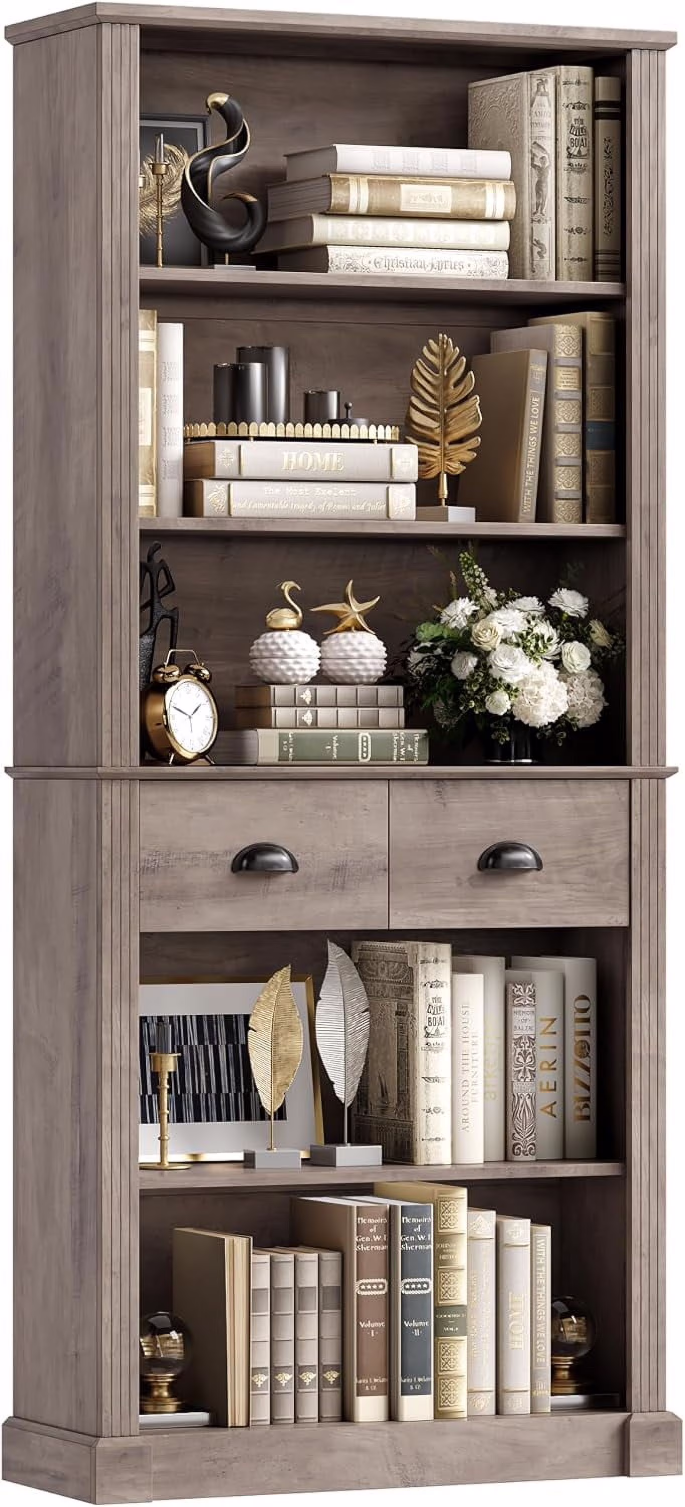 72" Farmhouse Bookshelf and Bookcase with Storage, Tall Bookshelf with Drawers, 5 Tier Book Shelf with Storage, Wood Display Shelves for Home Office, Study, Wash Gray