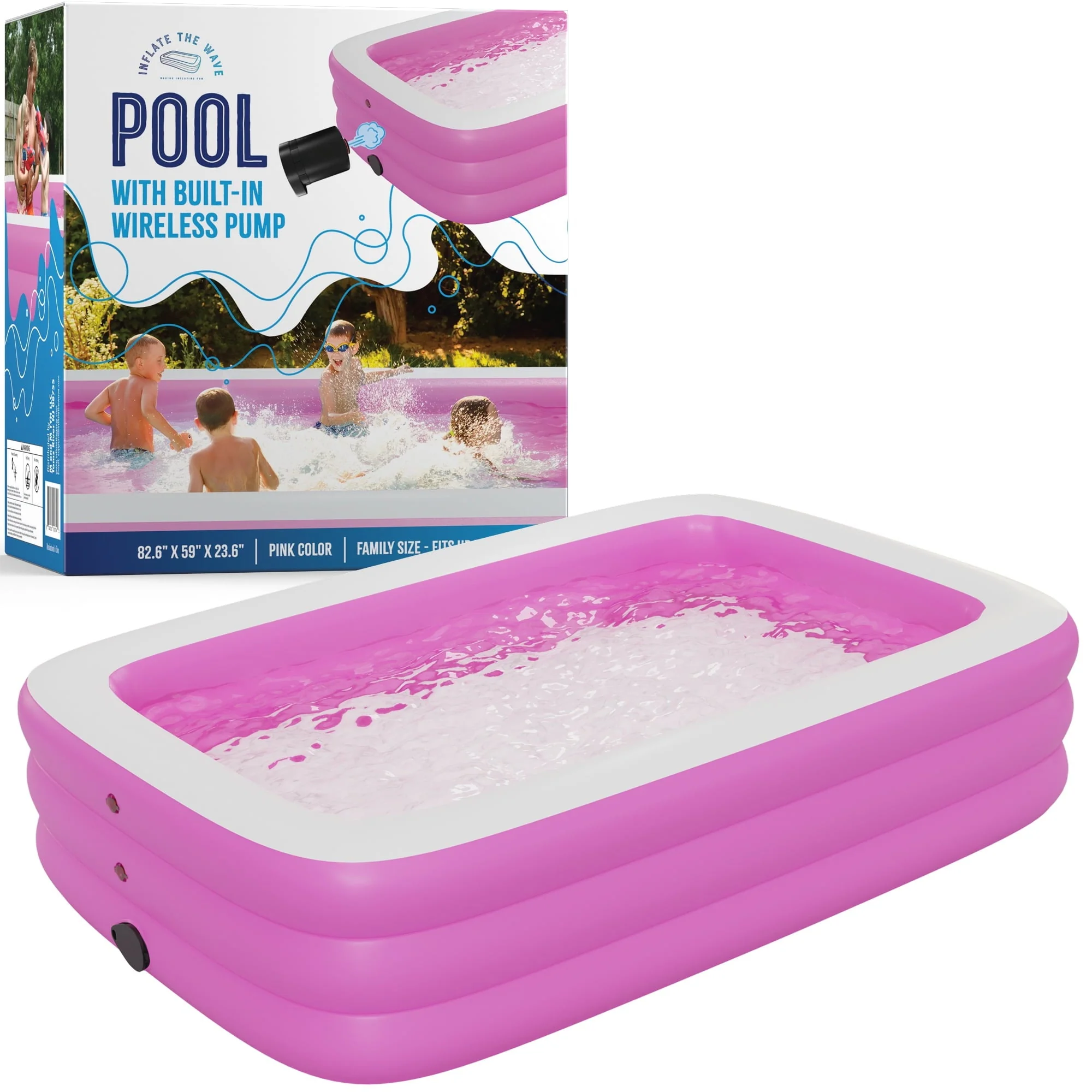 Inflatable Swimming Pool with Built-in Air Pump (Pink, Medium - 82.6" x 59" x 23.6") - for Kids & Adults - Includes Repair Kit - Self Inflating Blow Up - Family & Kiddie Pool