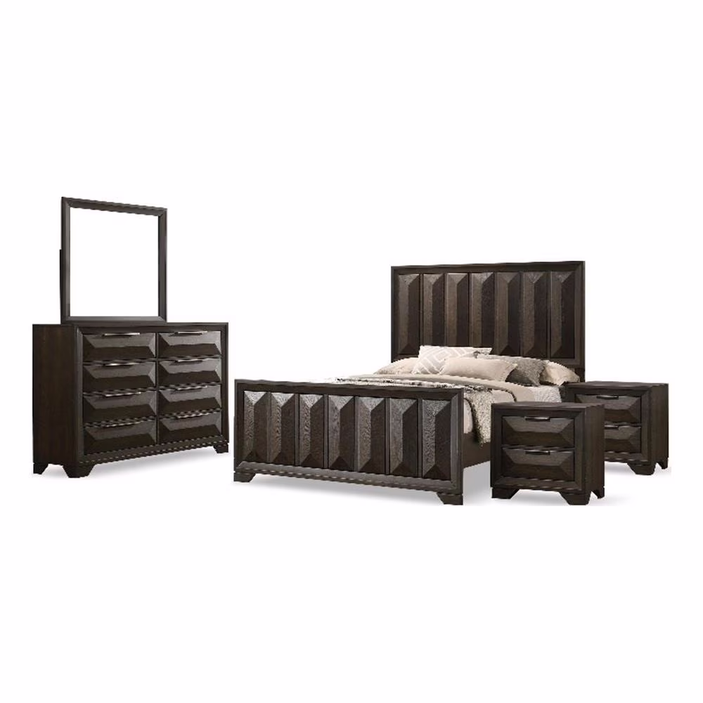 FOA Werren 5pc Espresso Wood Bed Set - King + 2 Nightstands + Dresser + Mirror