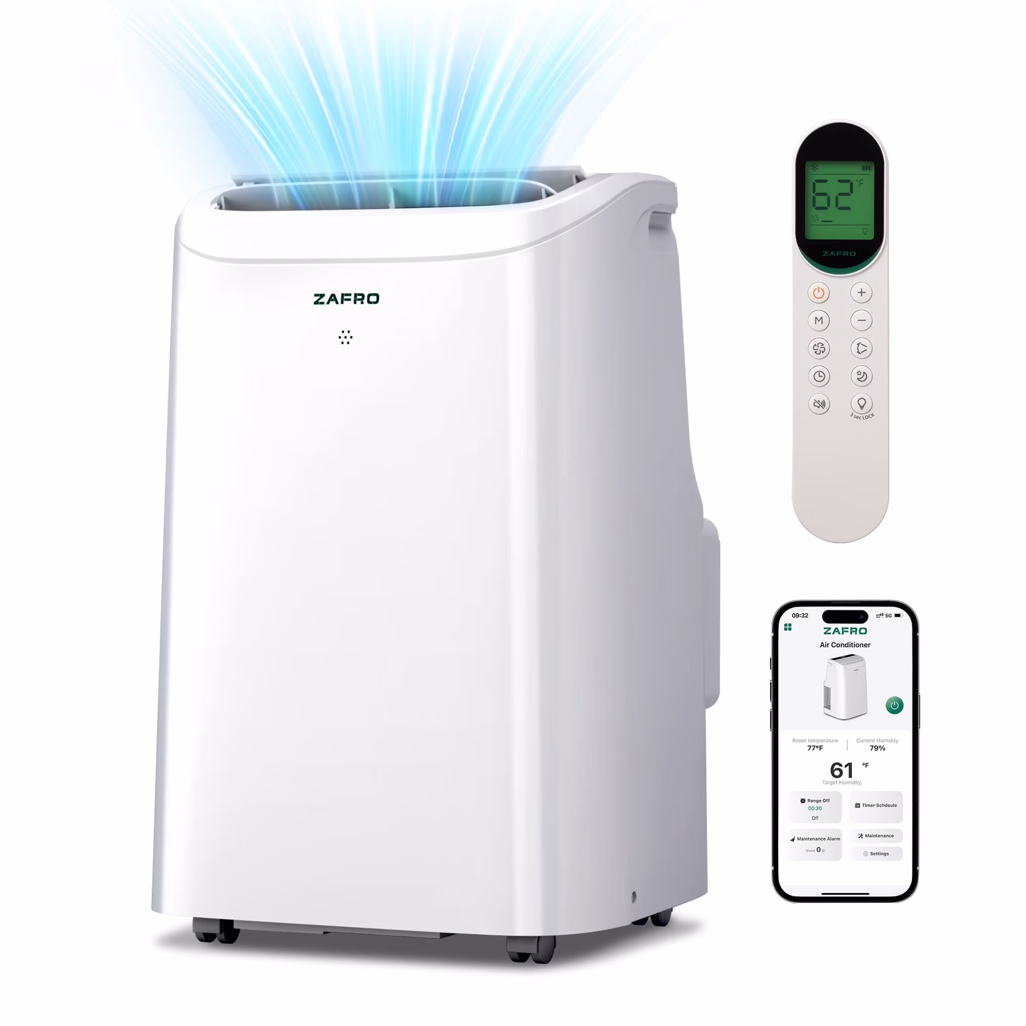 ZAFRO Portable Air Conditioners 10000 BTU, portable?ac units?for?bedroom with Fan & Dehumidifier, 24H Timer with APP/Remote/Timer/LED Display