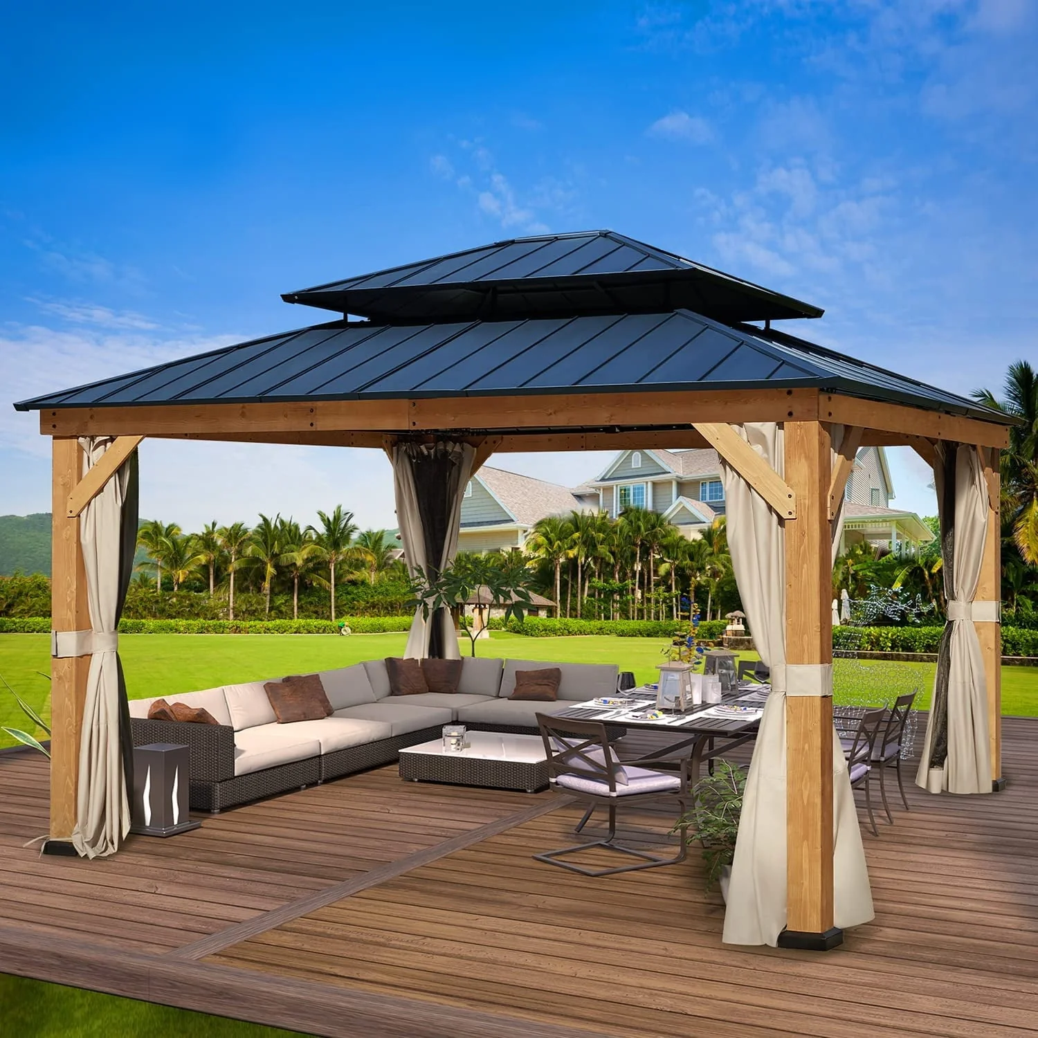 Richryce 13' x 15' Cedar Wood Frame Gazebo, Outdoor Hardtop Gazebo with Metal Roof, Curtains and Nettings