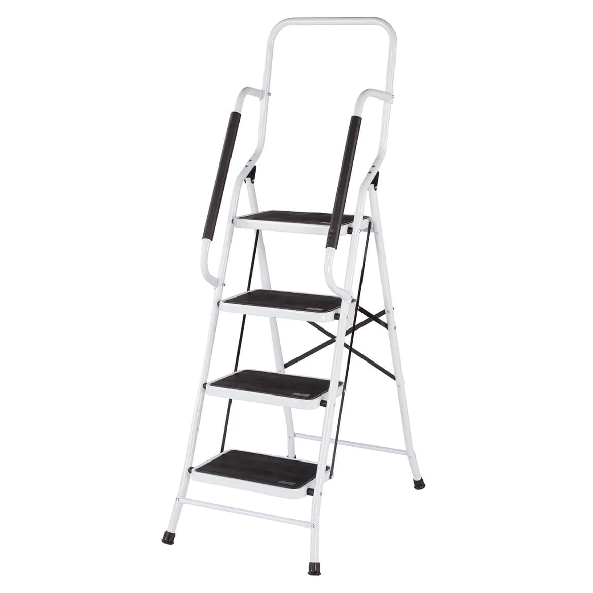 LivingSURE Folding 4-Step Safety Ladder - Heavy Duty Steel, Anti-Slip Treads, Padded Handrails - Space Saving Design - Perfect for Home, Kitchen, Office - 32 x 21 x 66 inches