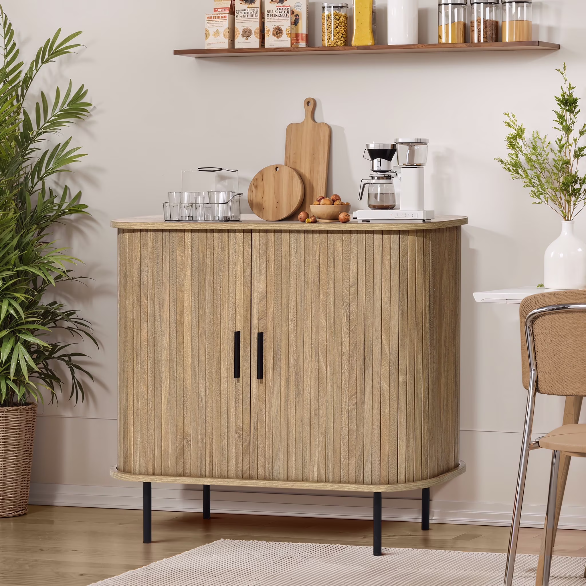LuxenHome 35" Mid Century Modern Accent Cabinet, Small Buffet Cabinet with Sliding Door, Oak