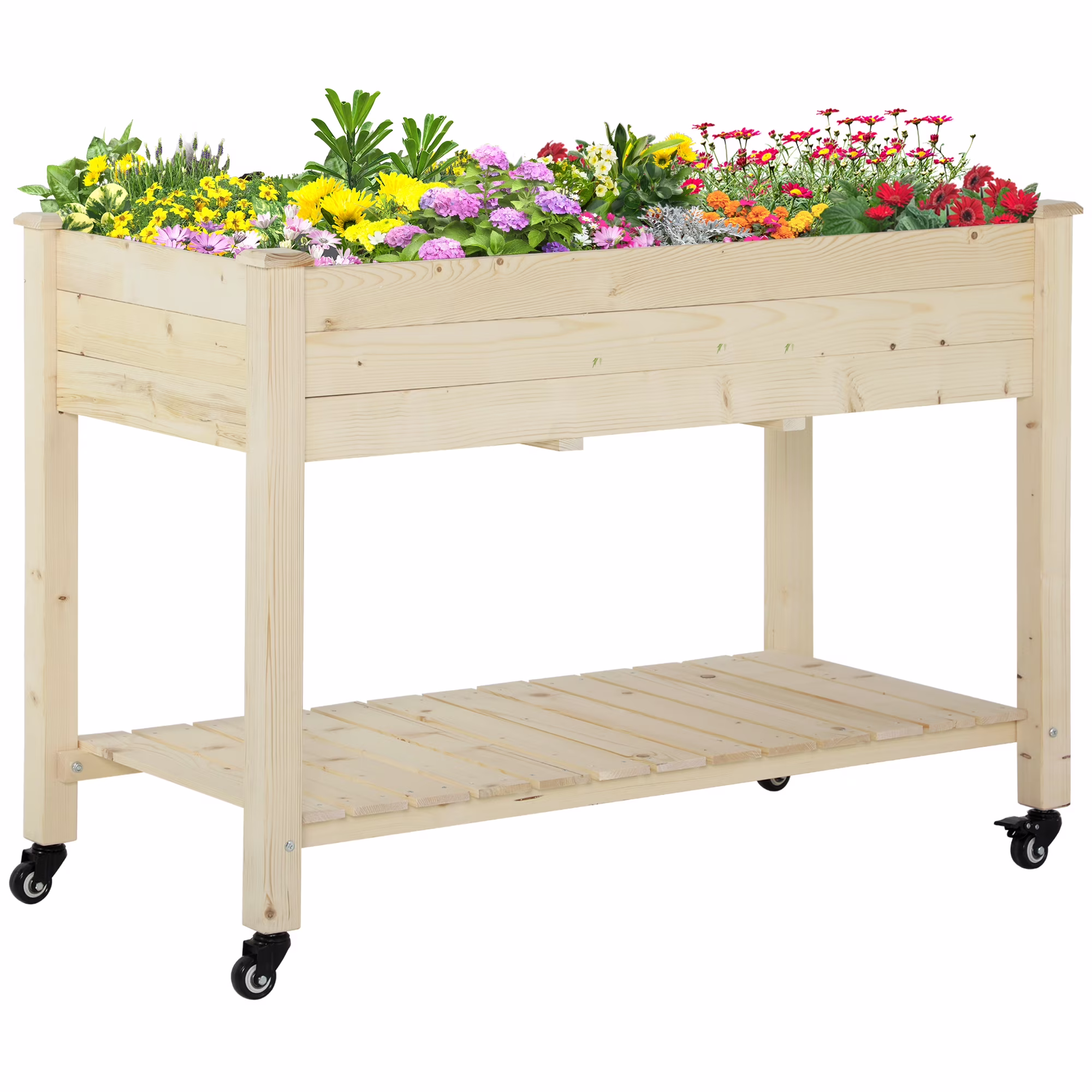 DUOSONG Outsunny Raised Garden Bed, 47" X 22" X 33", Elevated Wooden Planter Box W/ Lockable Wheels, Storage Shelf, And Bed Liner For Backyard, Patio, Natural Natural Wood Garden & Outdoor Garden