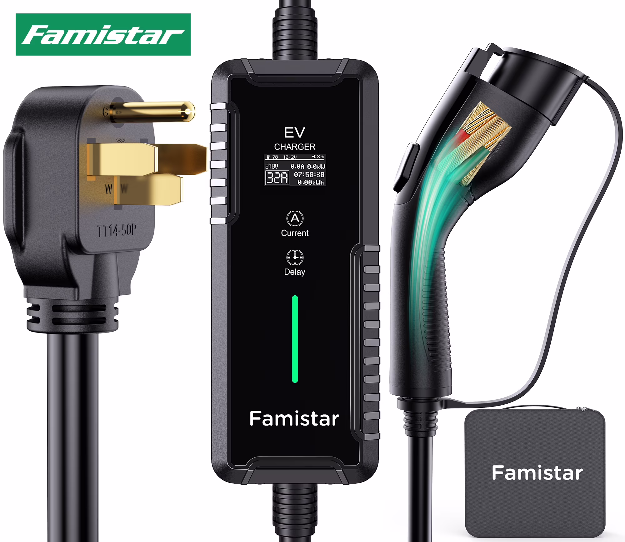 Famistar EV Charger, Level 2 Portable Electric Vehicle Car Charger Charging Station, 14-50 Plug, 32 Amp, 100-240V, 25FT Model, IP65 Waterproof, 0.96�� LCD Screen, UL Recognized, for SAE J1772 EV