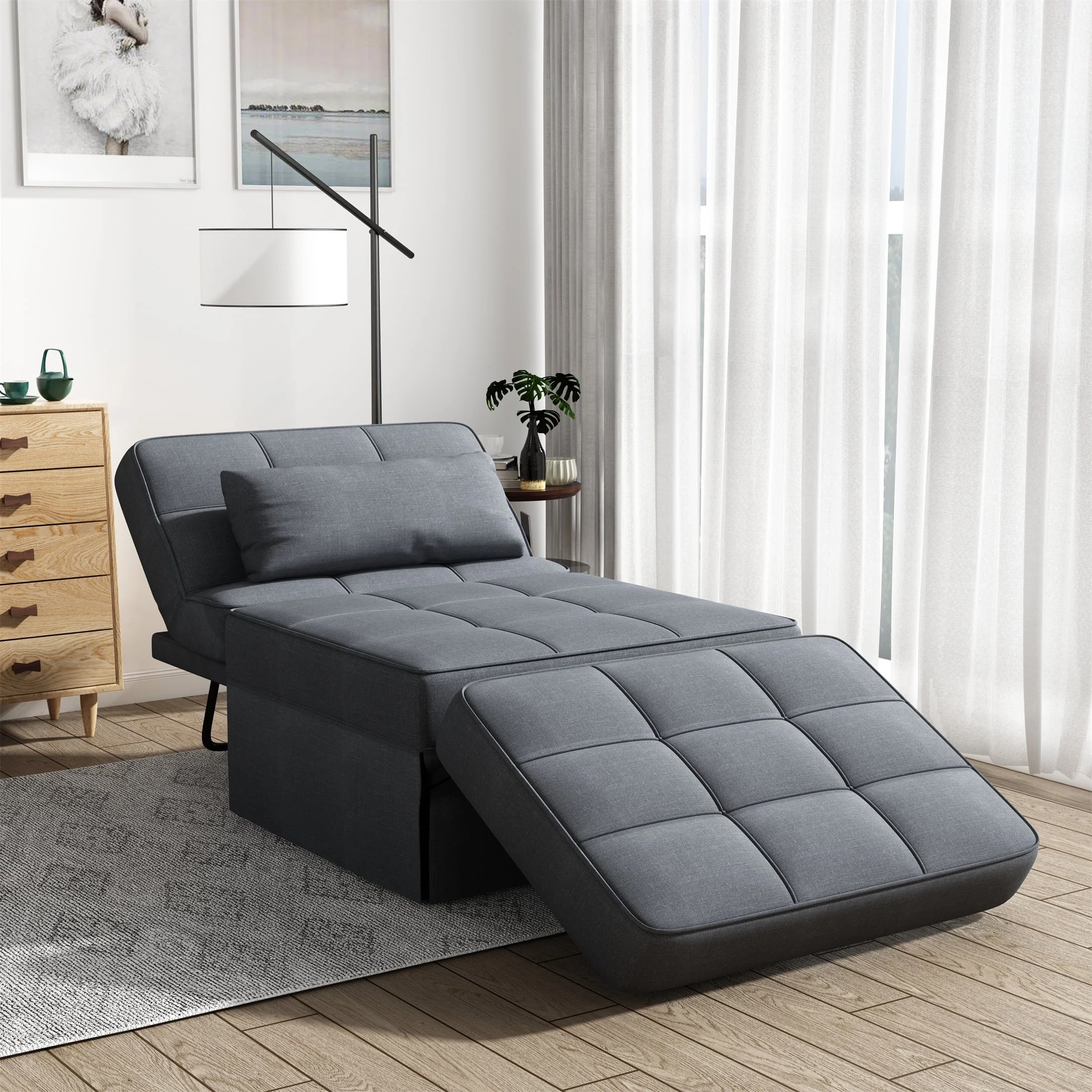 Aukfa 36" Wide Folding Chaise Futon Convertible Sofa Bed, Ottoman, Adjustable Backrest, Linen, Gray