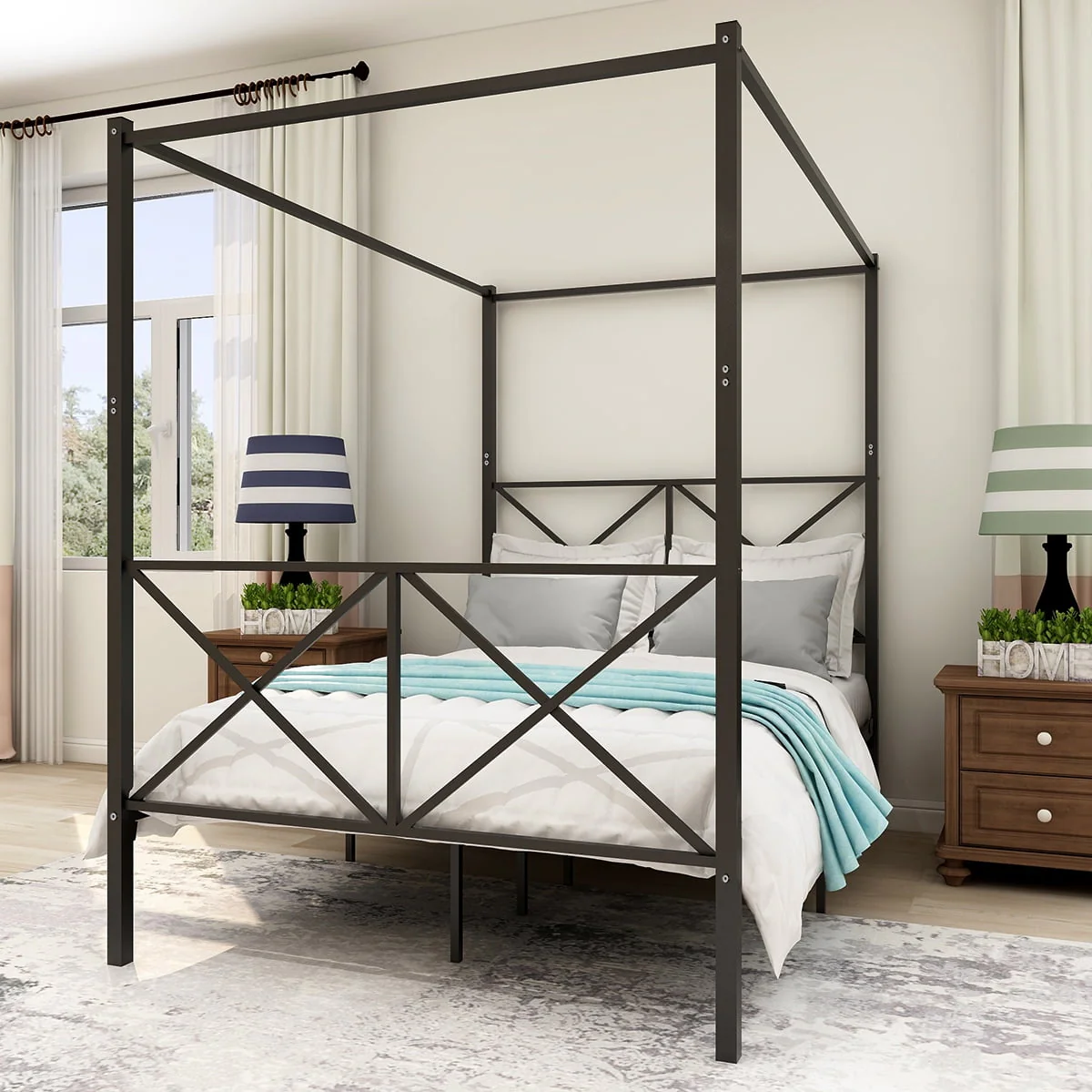 Metal Canopy Bed Frame, Platform Bed Frame with Headboard and Foot board, X Shaped Steel Frame(Full, Black)