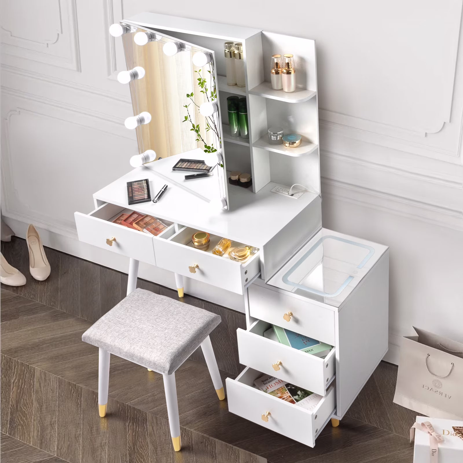 Ktaxon 3 Color Lighted Vanity Table Set, Makeup Table with LED Nightstand, Dressing Table with USB Charging Station, for Women, Female Bedroom, White