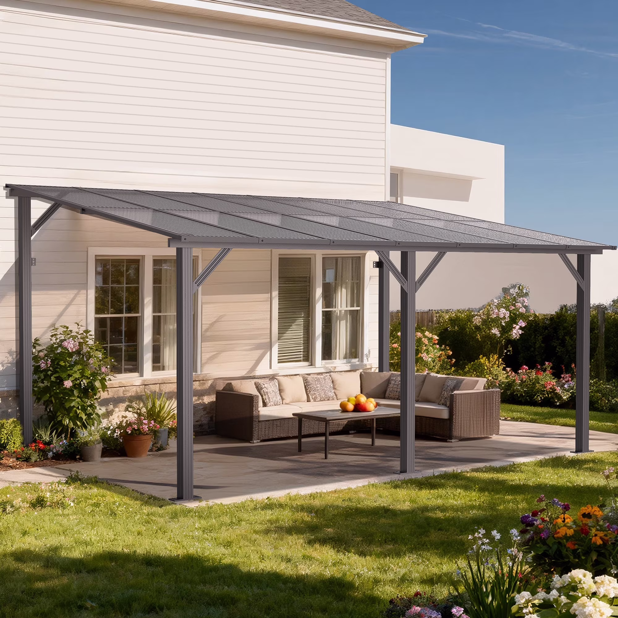 GVDV 14' x 10' Hardtop Gazebos Pergola, Outdoor Wall Mounted Gazebos with Aluminum Frame and Thickened columns for Patio,Backyard,Garden