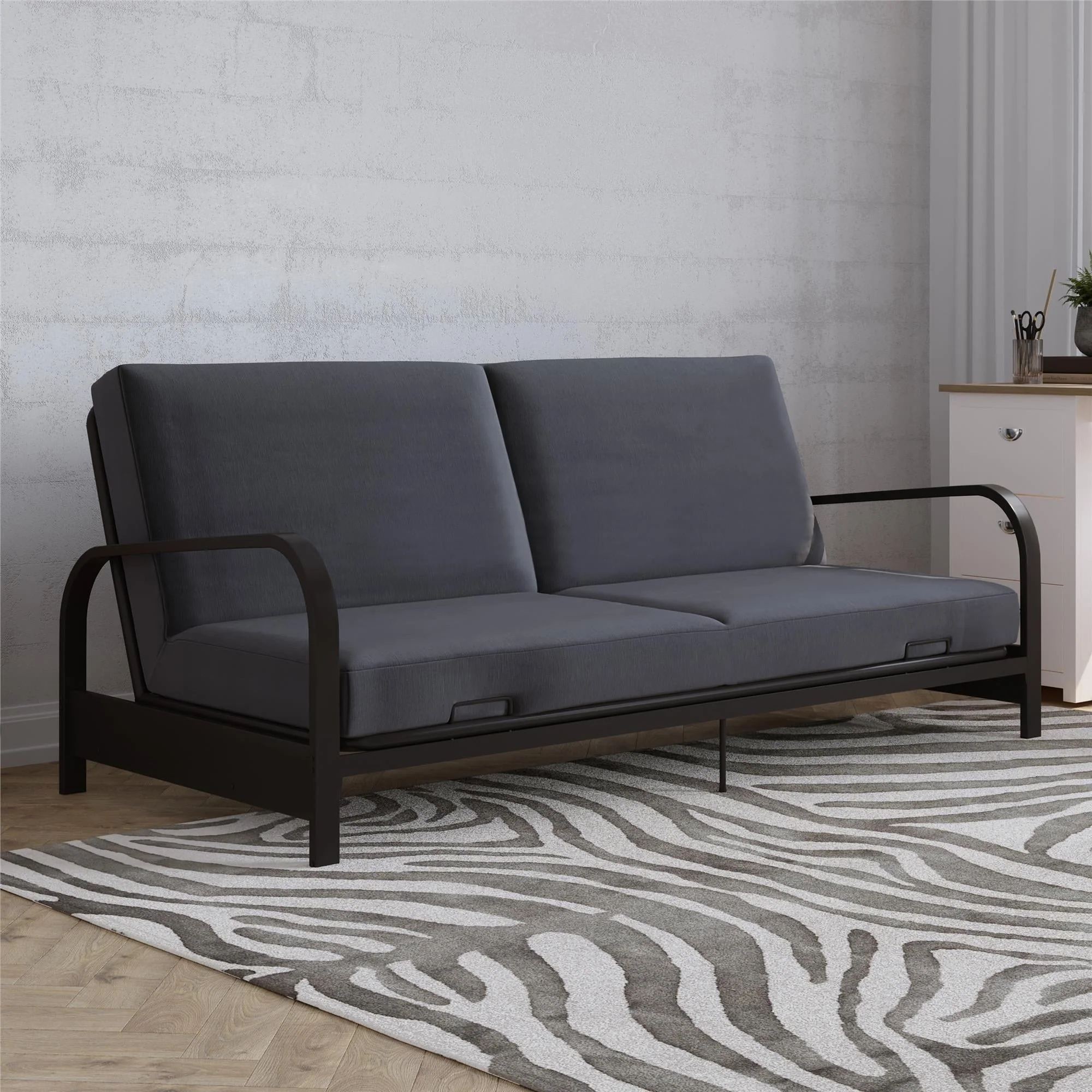 DHP College Metal Arm Futon, Black Frame with Gray Mattress