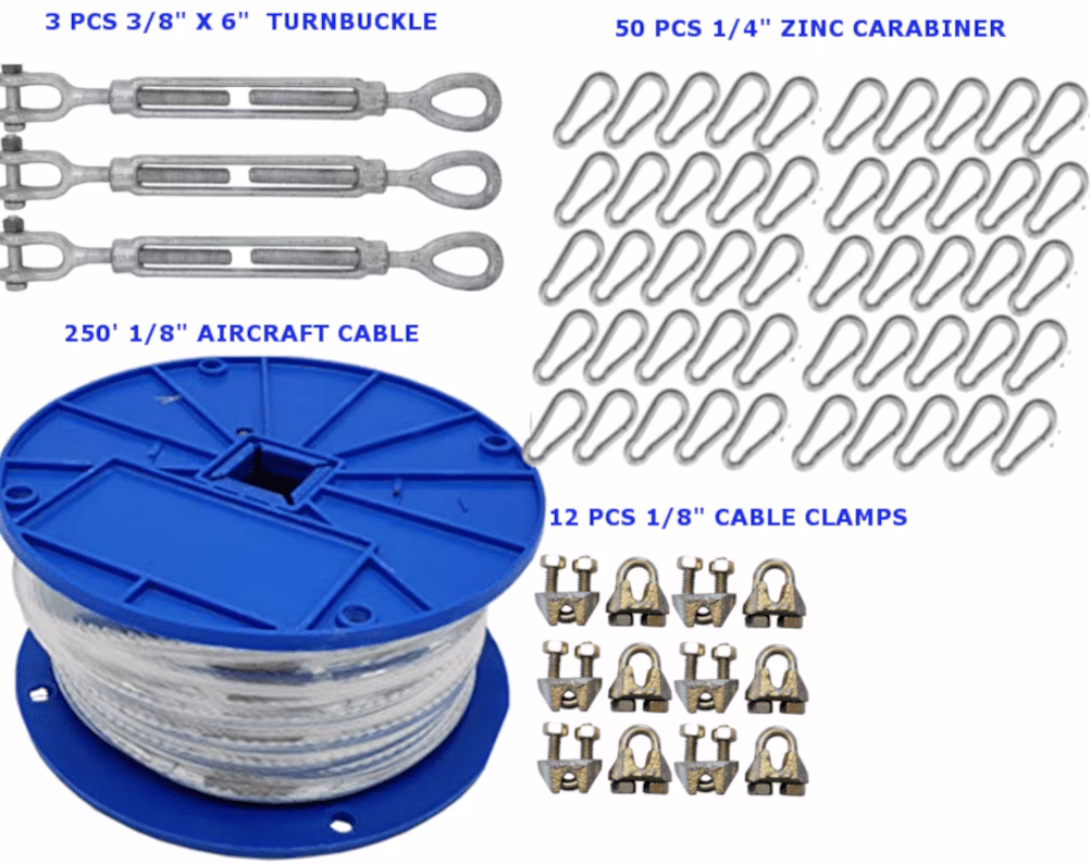Jones Sports Medium Duty Indoor/Outdoor Cable Kit for Baseball Softball Batting Cage Net with 3/8" turnbuckles, 1/8 Cable Clamps, and zinc (Cable Kit for Up to 55' Long Cage)