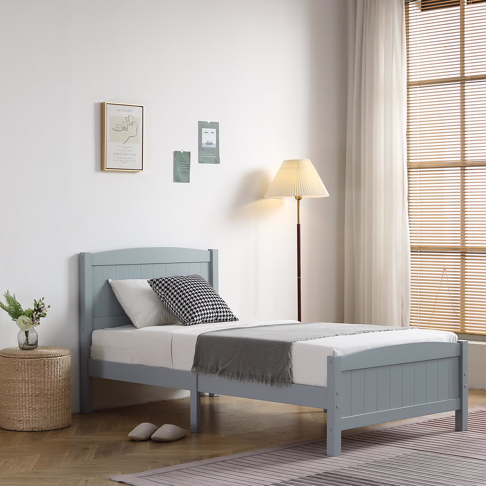 Ktaxon Deluxe Wood Platform Bed with Headboard, Teen Bed Gray,Twin
