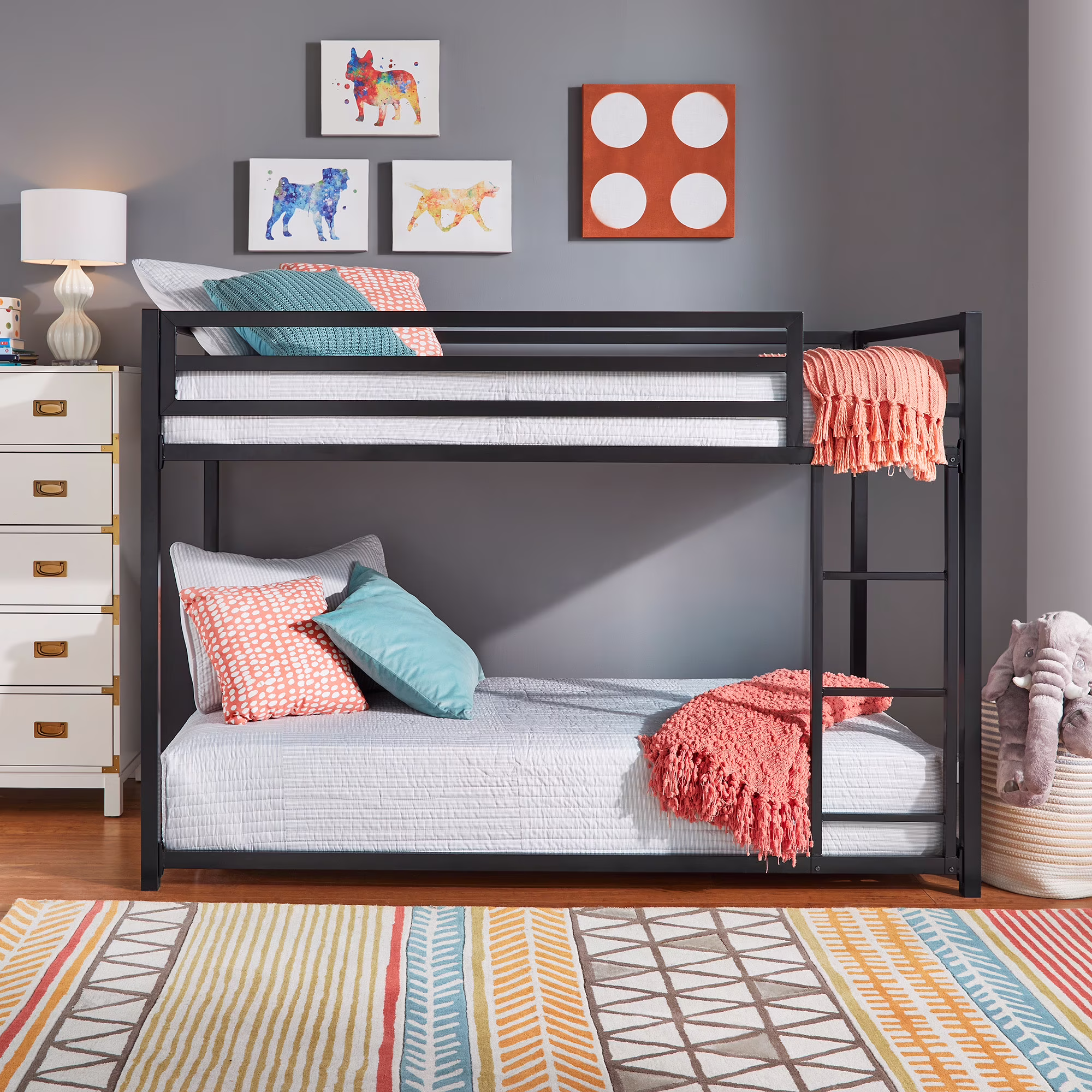 Weston Home Kids Metal Twin over Twin Modern Metal Bunk Bed with Ladder, Black