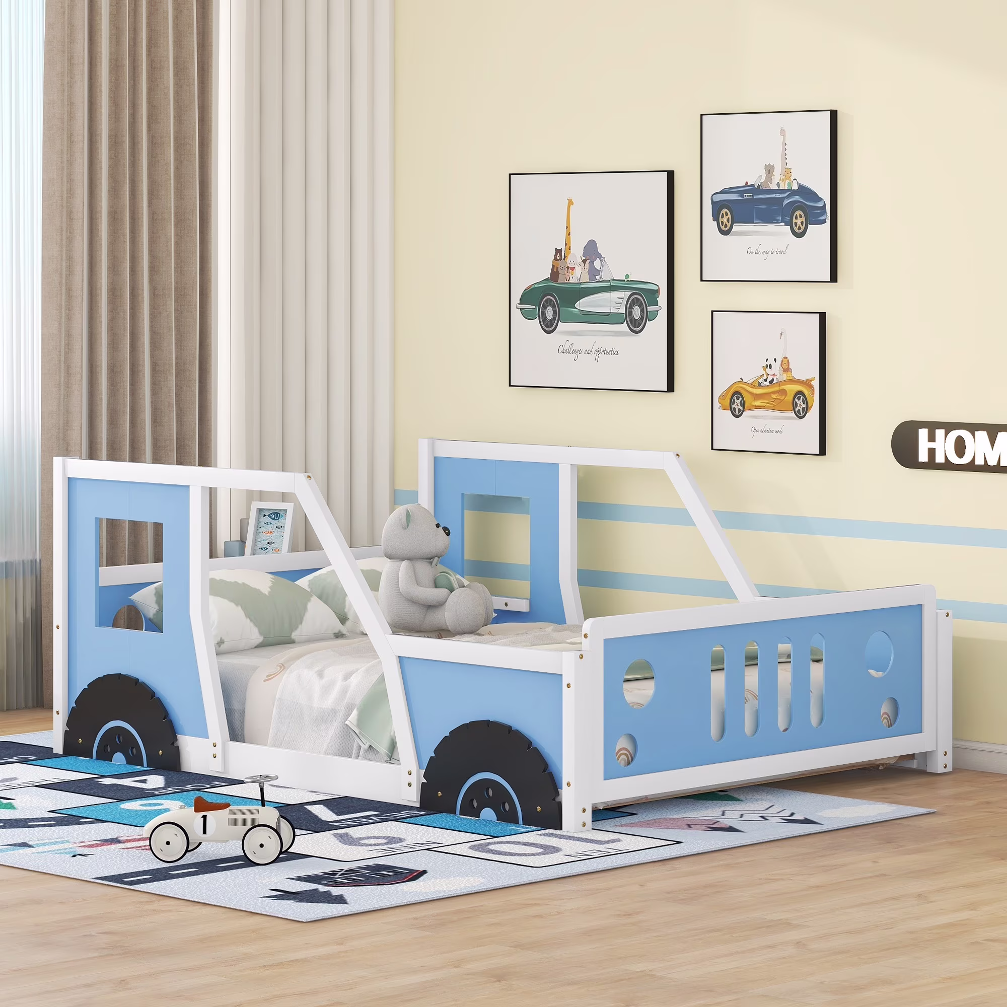 Euroco Car-Shaped Full Size Wood Platform Bed for Kids�� Bedroom, Solid Car Bed for Kids Gift, Low Profile, Blue