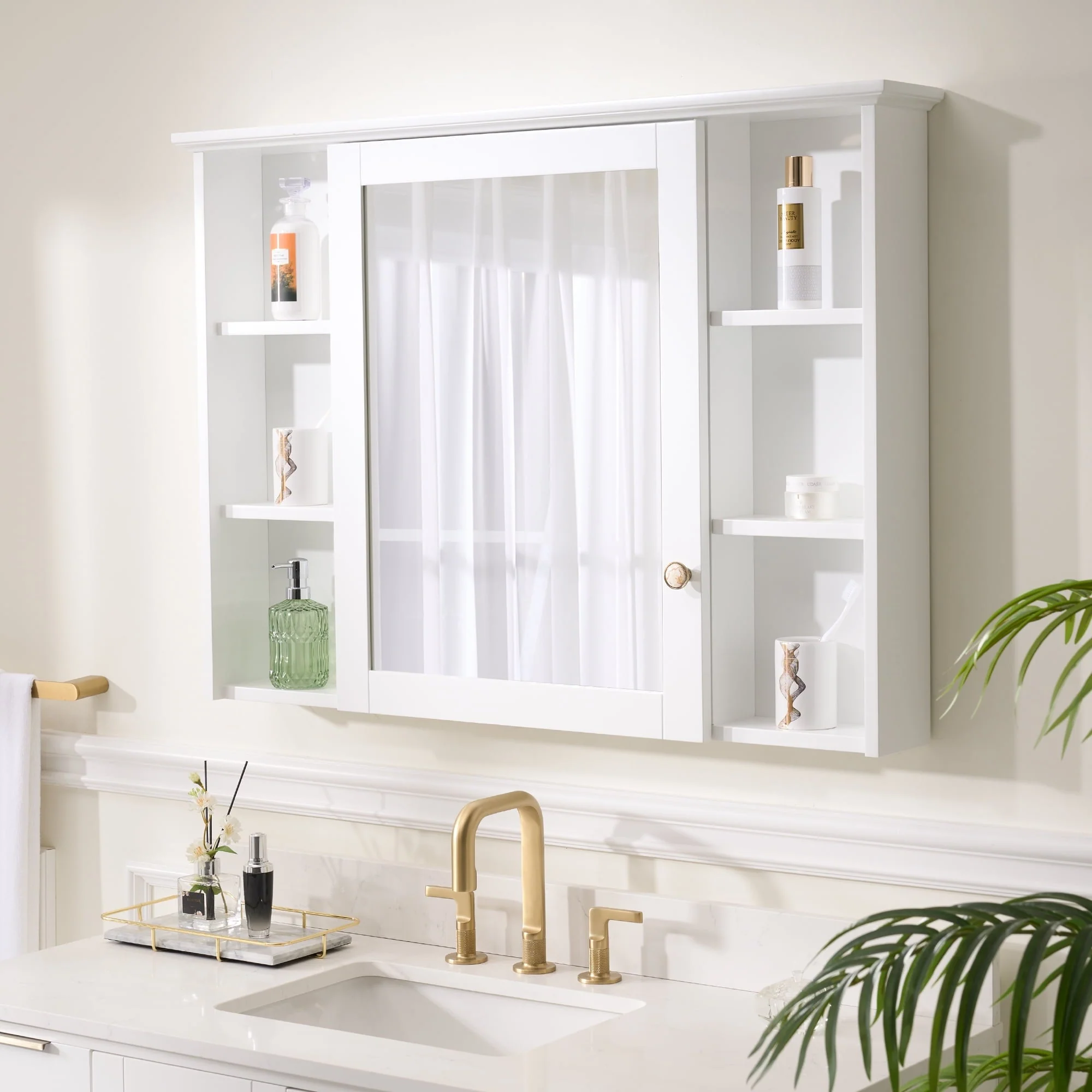 Forclover 42"x 30" Wall Mounted Mirrored Medicine Cabinet for Bathroom, 6 Tier Wood Mirror Cabinet Storage with 1 Soft-close Door, Bathroom Accessory, White