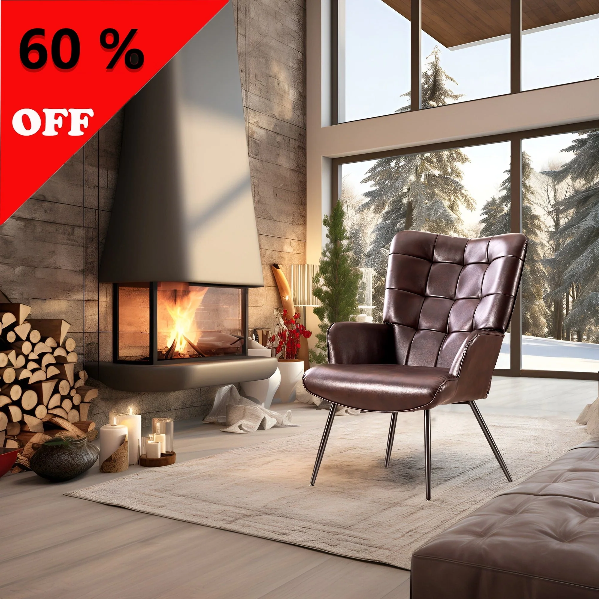 Unikome Livingroom Chair Modern Accent Chair, Faux Leather Wingback Accent Chair PU Leather Accent Chair for Home Office/Living Room/Bedroom, Maroon